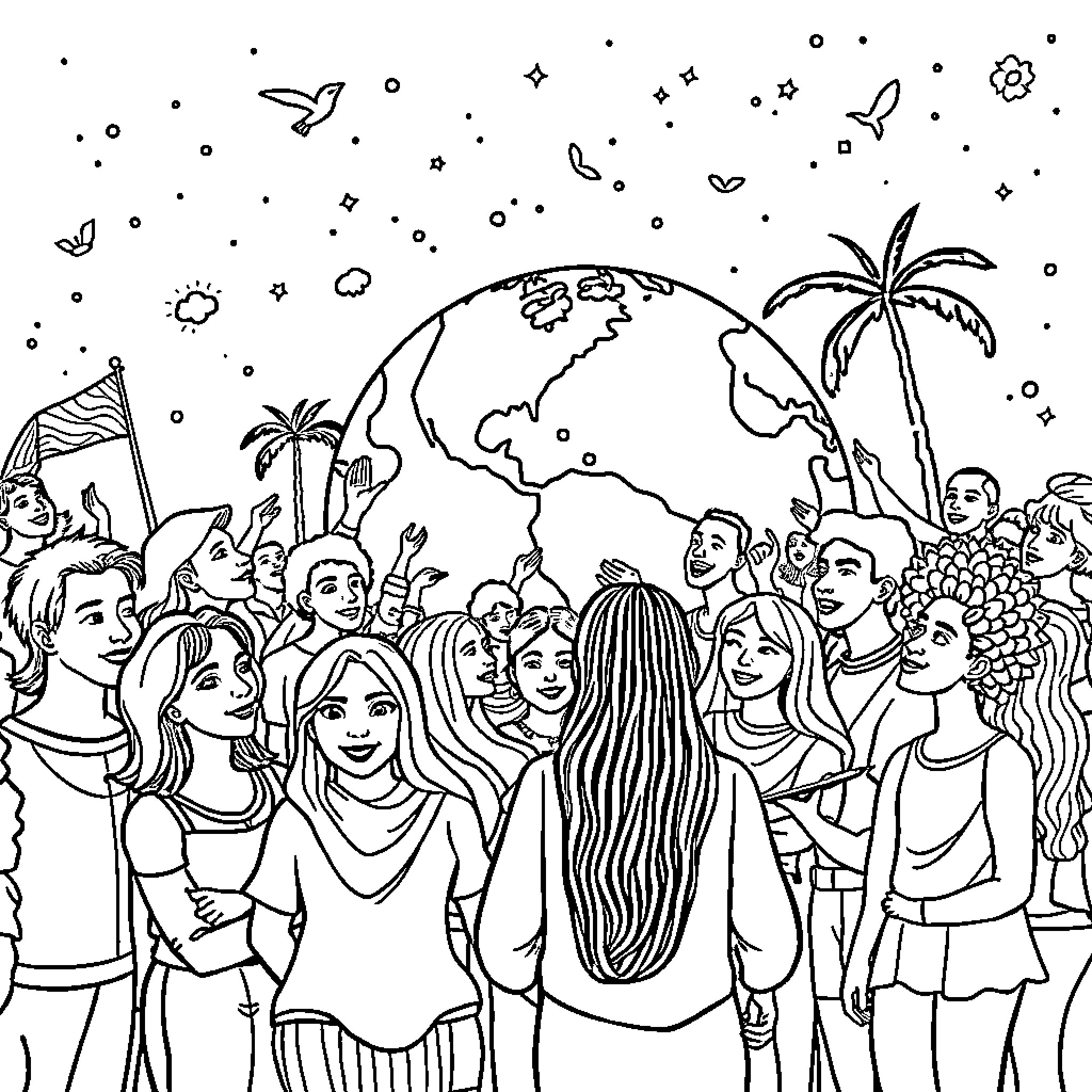 Person in diverse crowd celebrating under starry sky Coloring Page (free black-and-white line drawing printable PDF for all, from beginners to advanced learners, including children, teens, adults, and seniors)