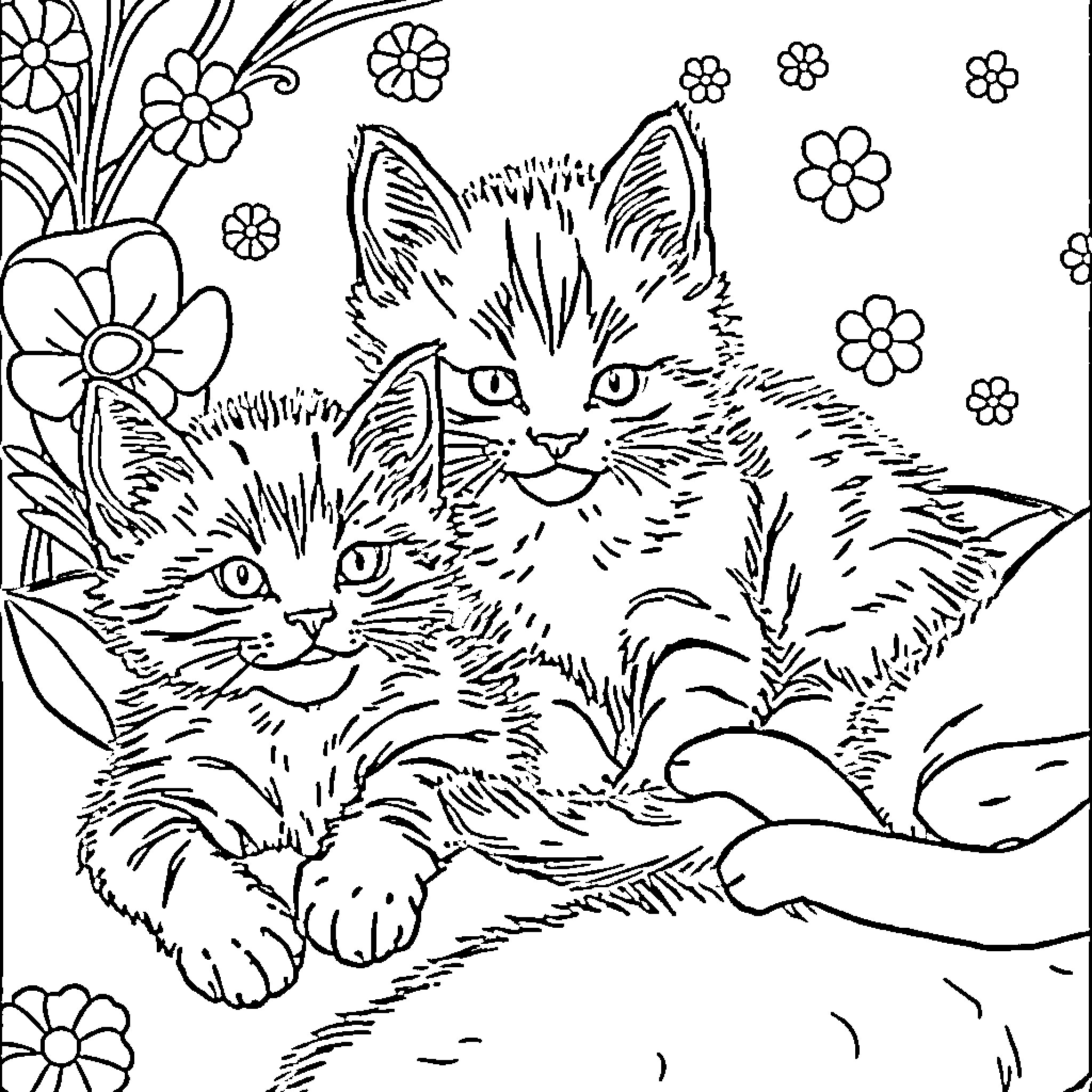 Cat kittens surrounded by flowers Coloring Page (free black-and-white line drawing printable PDF for all, from beginners to advanced learners, including children, teens, adults, and seniors)