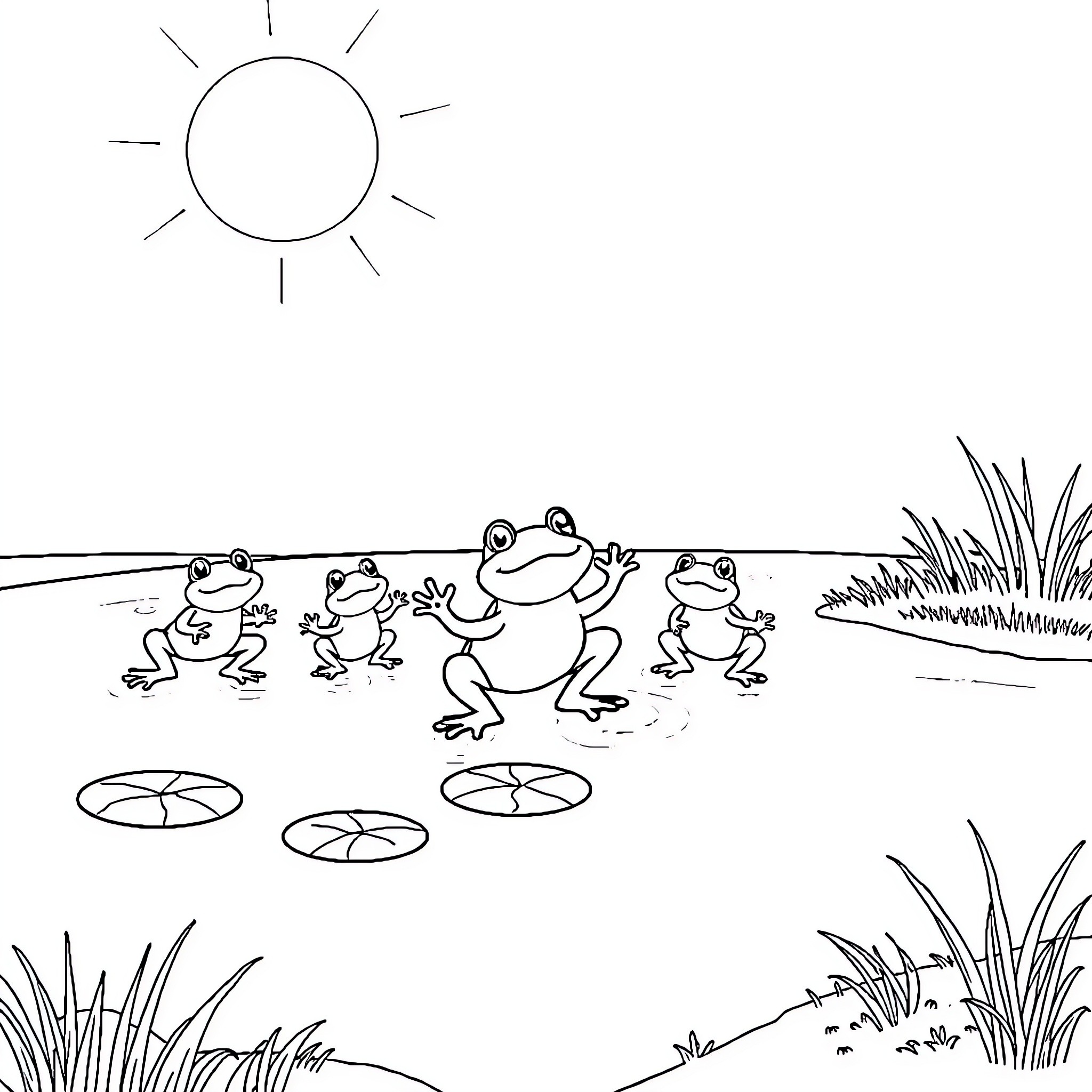 Frog family hopping on lily pads under the sun Coloring Page (free black-and-white line drawing printable PDF for all, from beginners to advanced learners, including children, teens, adults, and seniors)