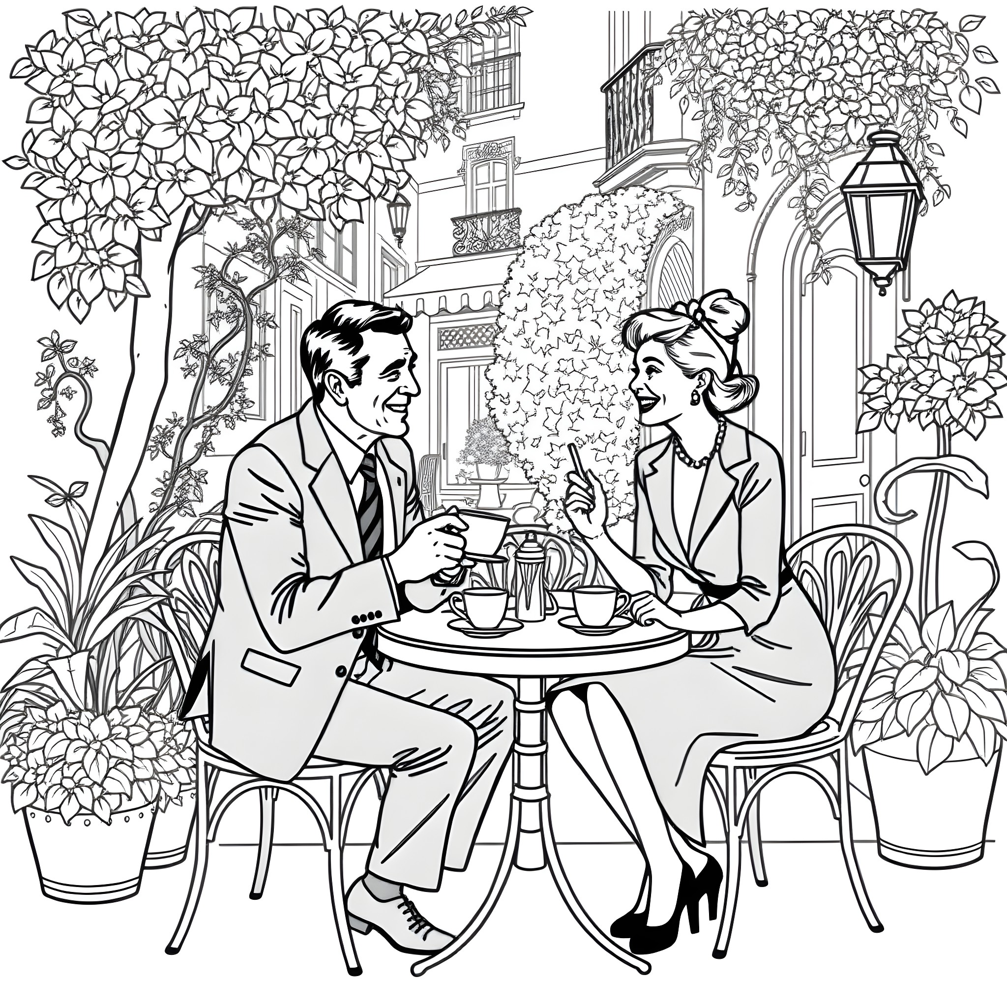 Cary Grant and a Woman Enjoying a Coffee Date in a Flower-Filled Courtyard Coloring Page (free black-and-white line drawing printable PDF for all, from beginners to advanced learners, including children, teens, adults, and seniors)