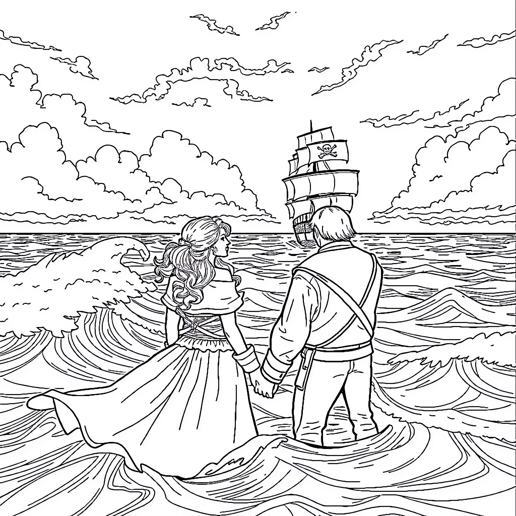 Emma Swan and Killian Jones embrace on the high seas Coloring Page (free black-and-white line drawing printable PDF for all, from beginners to advanced learners, including children, teens, adults, and seniors)