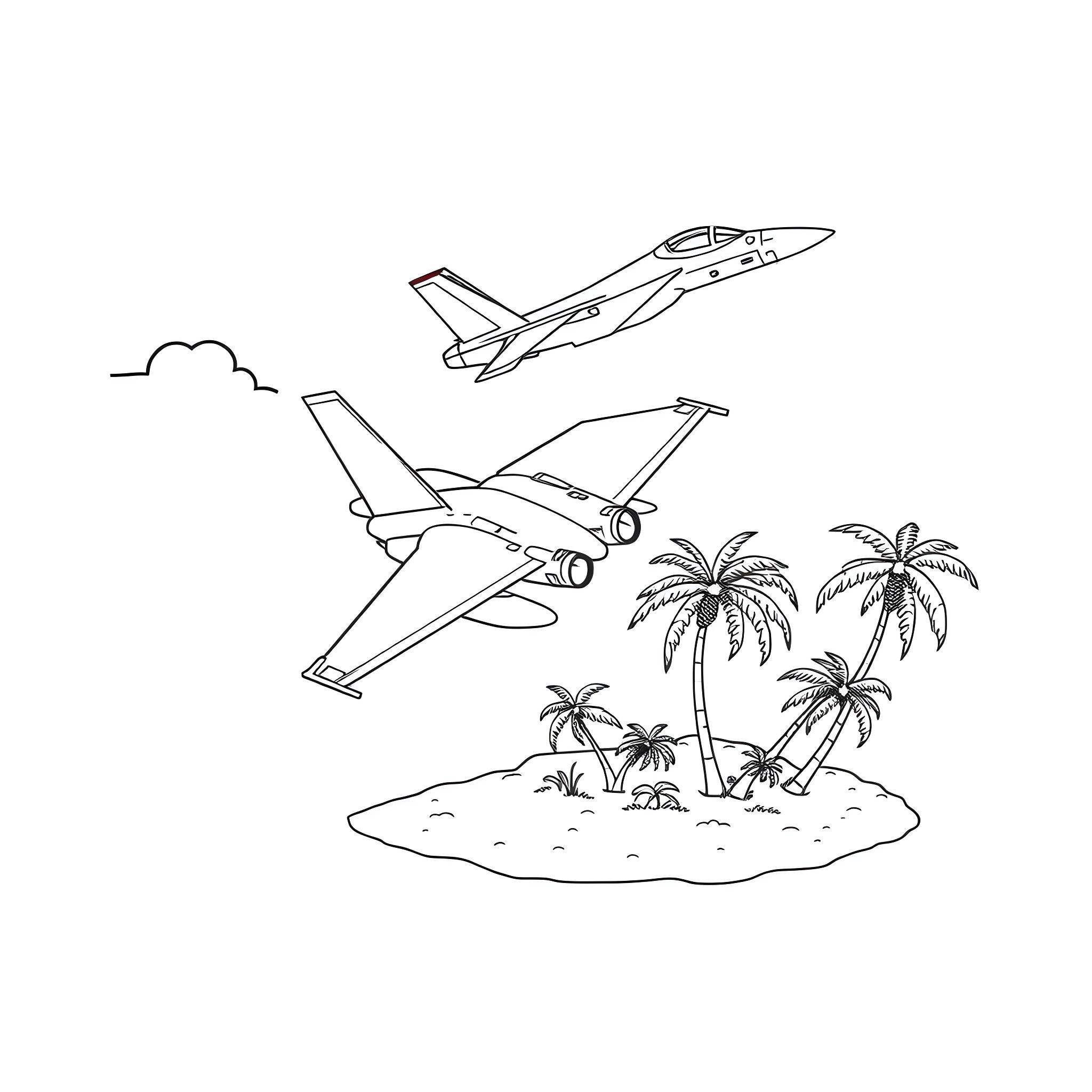 F-15 Jets Soaring Over Tropical Island Coloring Page (free black-and-white line drawing printable PDF for all, from beginners to advanced learners, including children, teens, adults, and seniors)