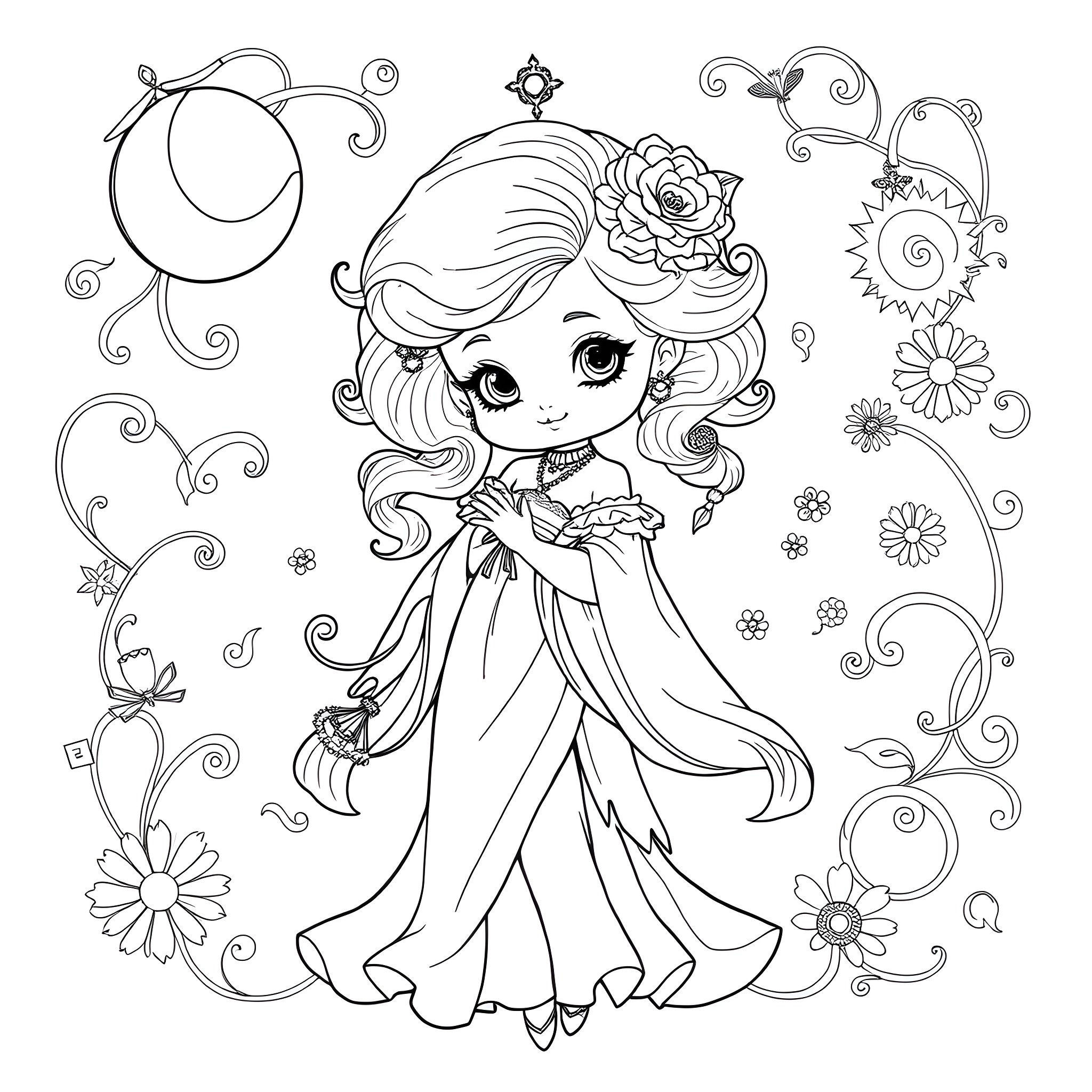Kewpie Doll in Elegant Dress and Floral Decor Coloring Page (free black-and-white line drawing printable PDF for all, from beginners to advanced learners, including children, teens, adults, and seniors)