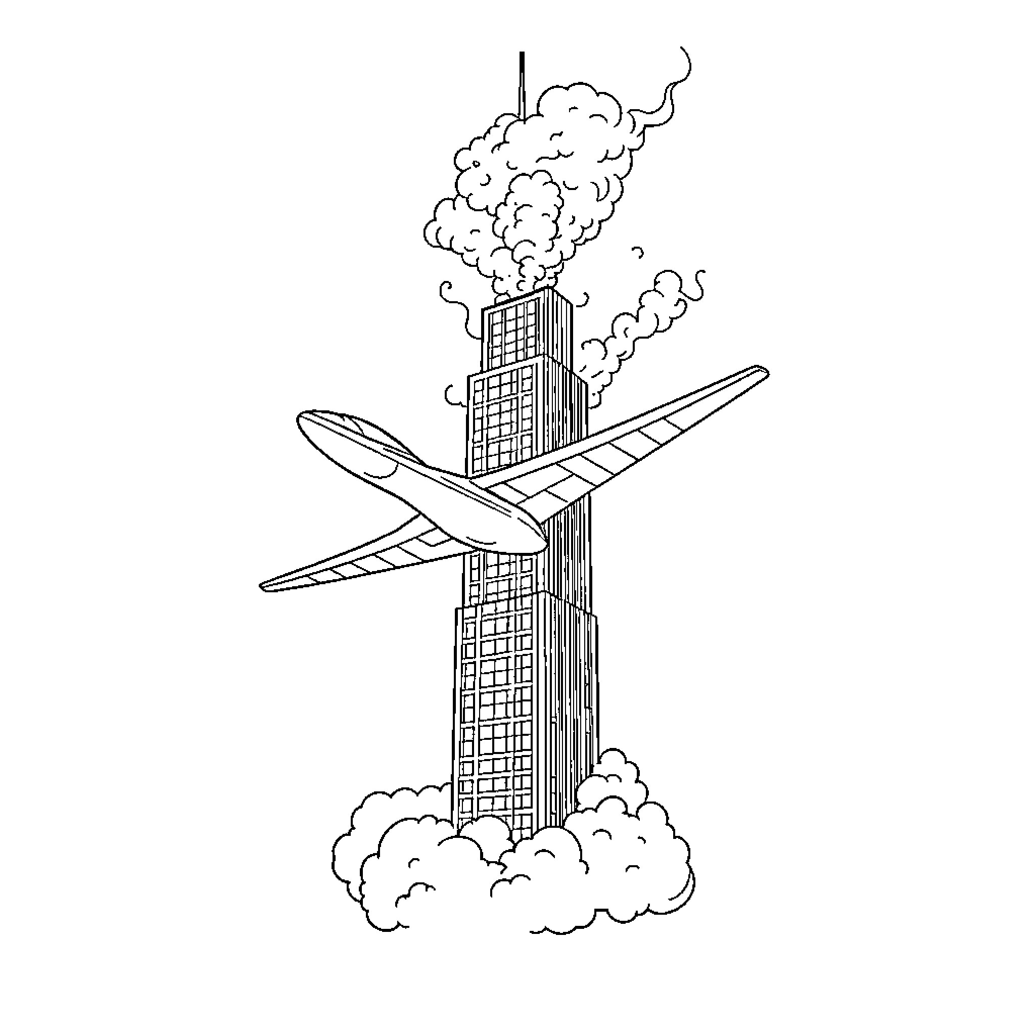 Avión sobrevolando rascacielos entre nubes Coloring Page (free black-and-white line drawing printable PDF for all, from beginners to advanced learners, including children, teens, adults, and seniors)