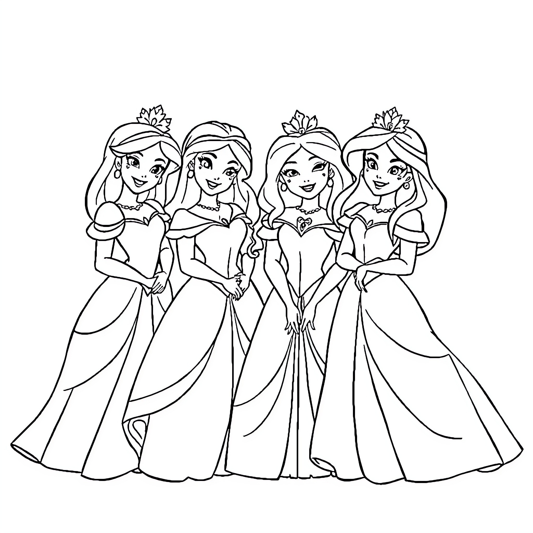 Disney Princesses in Elegant Formal Attire Coloring Page (free black-and-white line drawing printable PDF for all, from beginners to advanced learners, including children, teens, adults, and seniors)