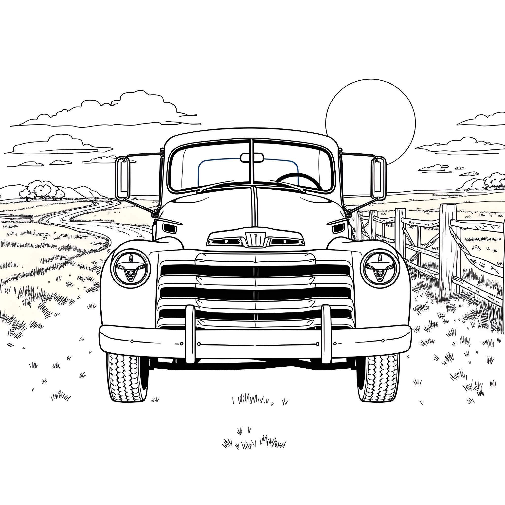Truck parked in the rural countryside landscape Coloring Page (free black-and-white line drawing printable PDF for all, from beginners to advanced learners, including children, teens, adults, and seniors)