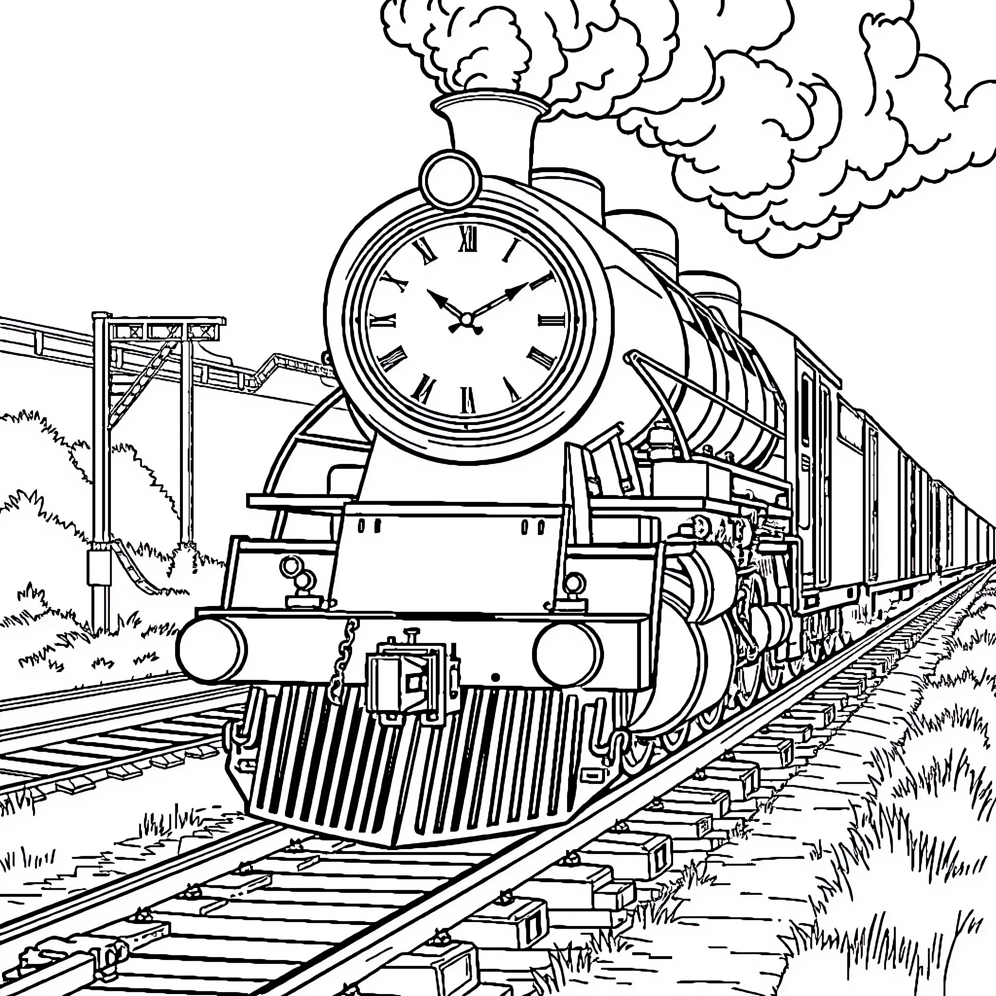 Steam Train with Clock and Billowing Smoke Coloring Page (free black-and-white line drawing printable PDF for all, from beginners to advanced learners, including children, teens, adults, and seniors)