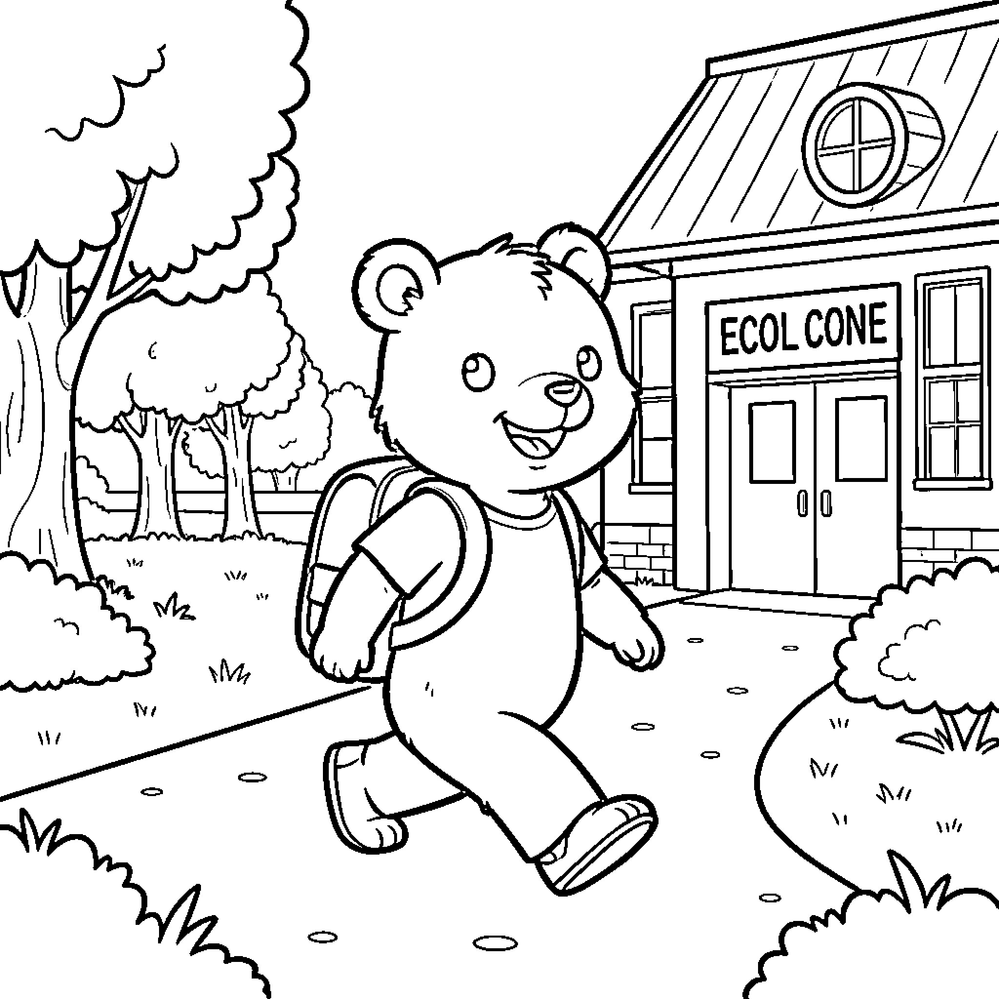 Brown Bear wearing a backpack walking toward school Coloring Page (free black-and-white line drawing printable PDF for all, from beginners to advanced learners, including children, teens, adults, and seniors)