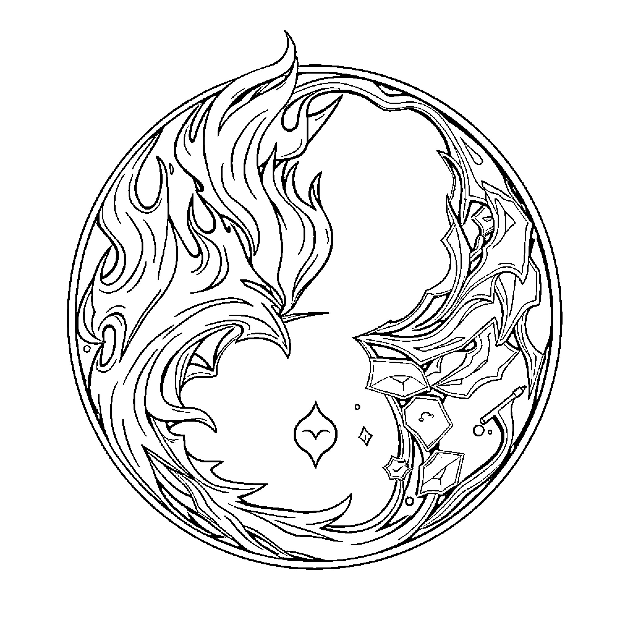 Yin Yang Crescent Moon and Sun Illustration Coloring Page (free black-and-white line drawing printable PDF for all, from beginners to advanced learners, including children, teens, adults, and seniors)