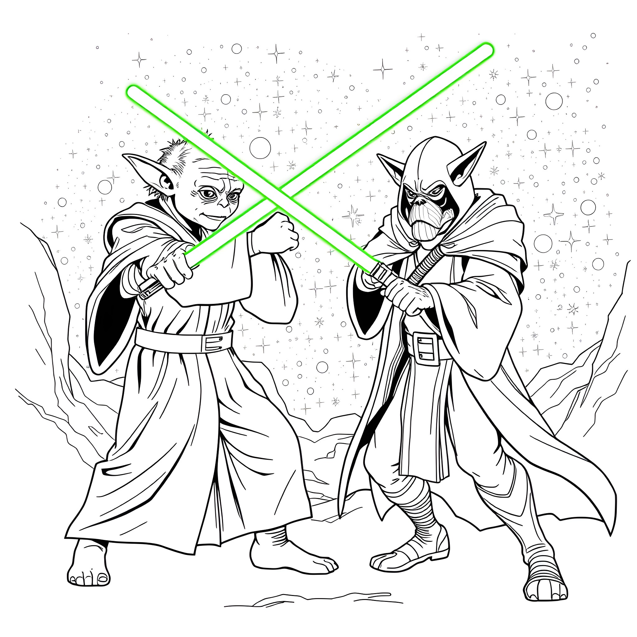 Yoda in an epic lightsaber duel with another Jedi warrior Coloring Page (free black-and-white line drawing printable PDF for all, from beginners to advanced learners, including children, teens, adults, and seniors)