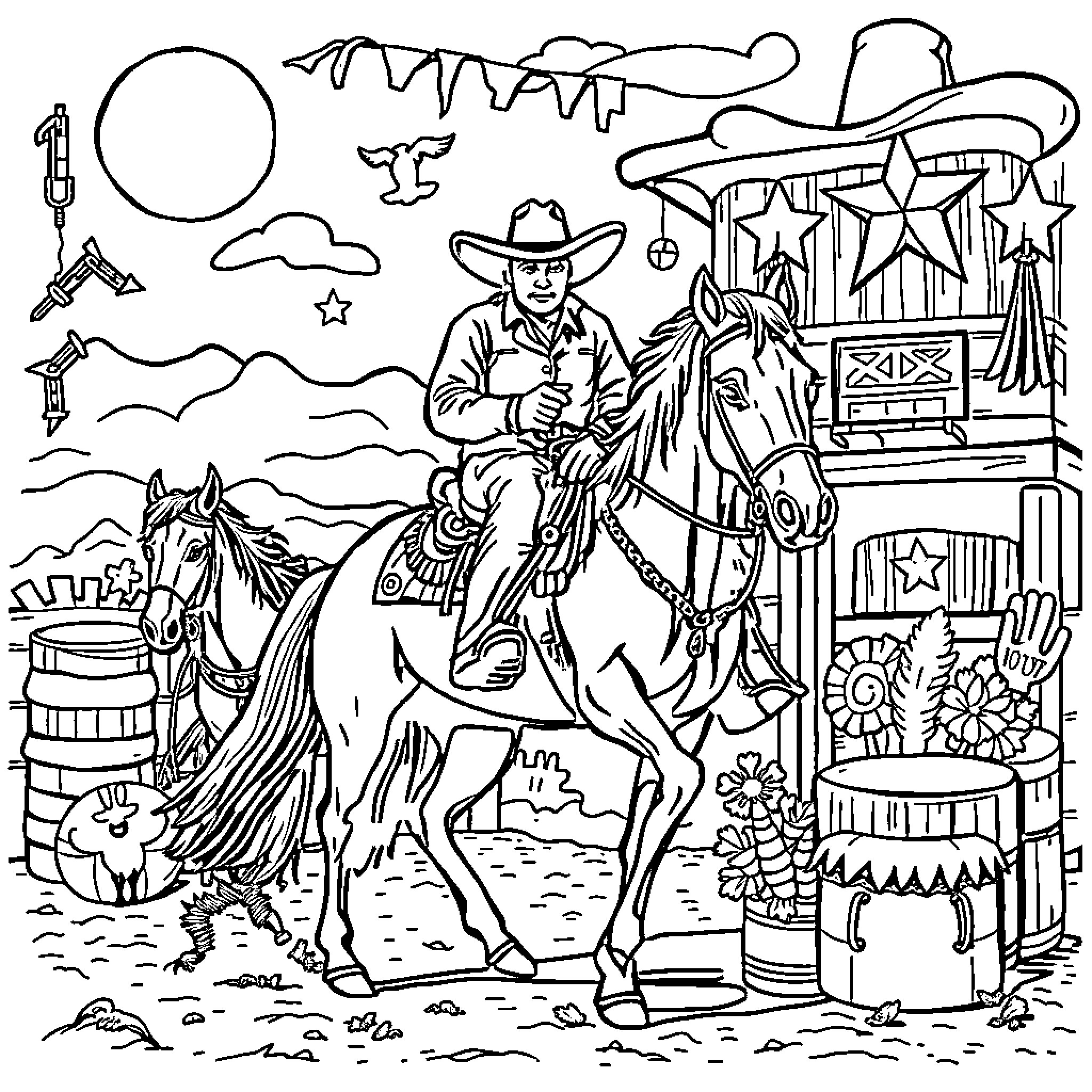 Rodeo scene with cowboy riding on horseback Coloring Page (free black-and-white line drawing printable PDF for all, from beginners to advanced learners, including children, teens, adults, and seniors)