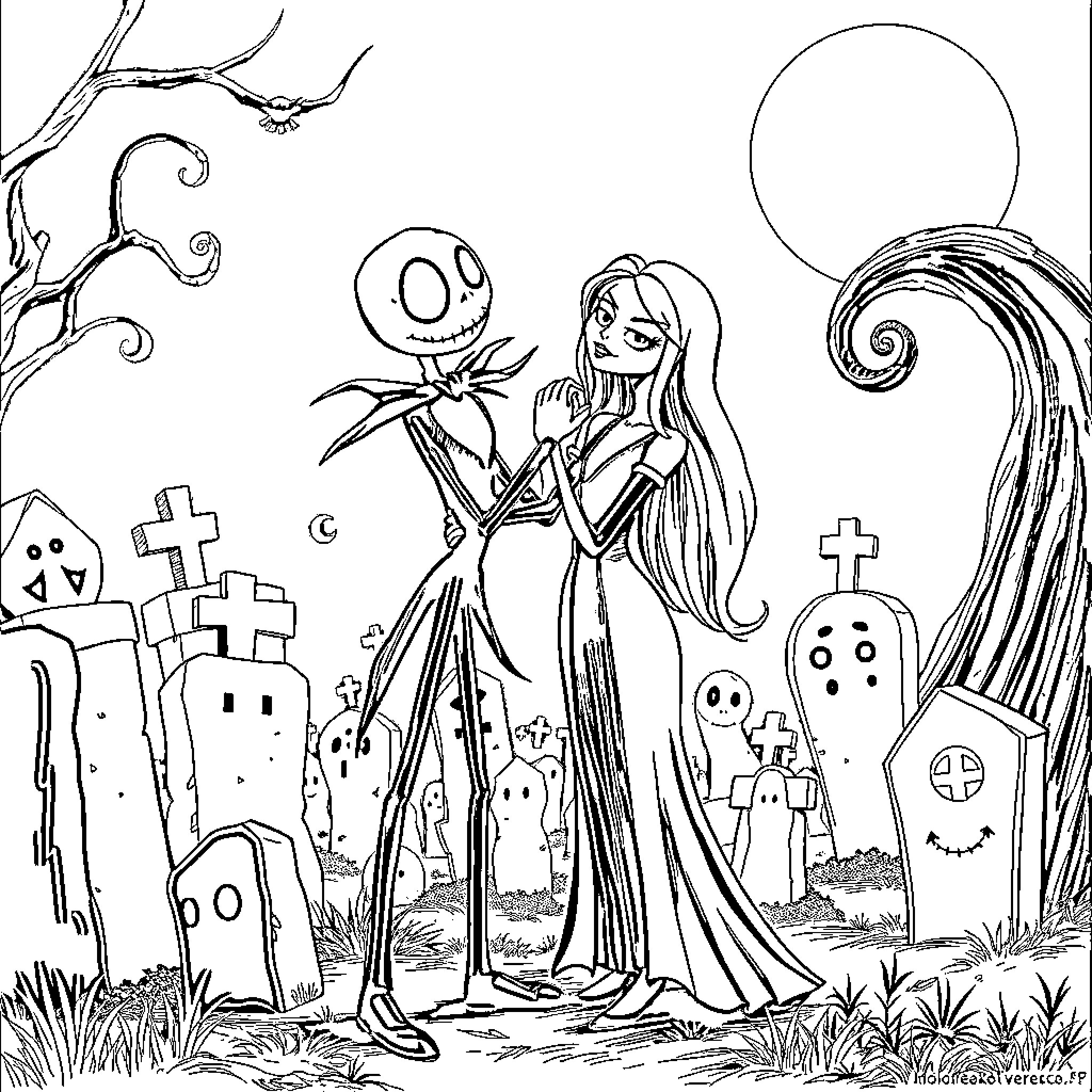 Jack and Sally in a Spooky Graveyard Scene Coloring Page (free black-and-white line drawing printable PDF for all, from beginners to advanced learners, including children, teens, adults, and seniors)