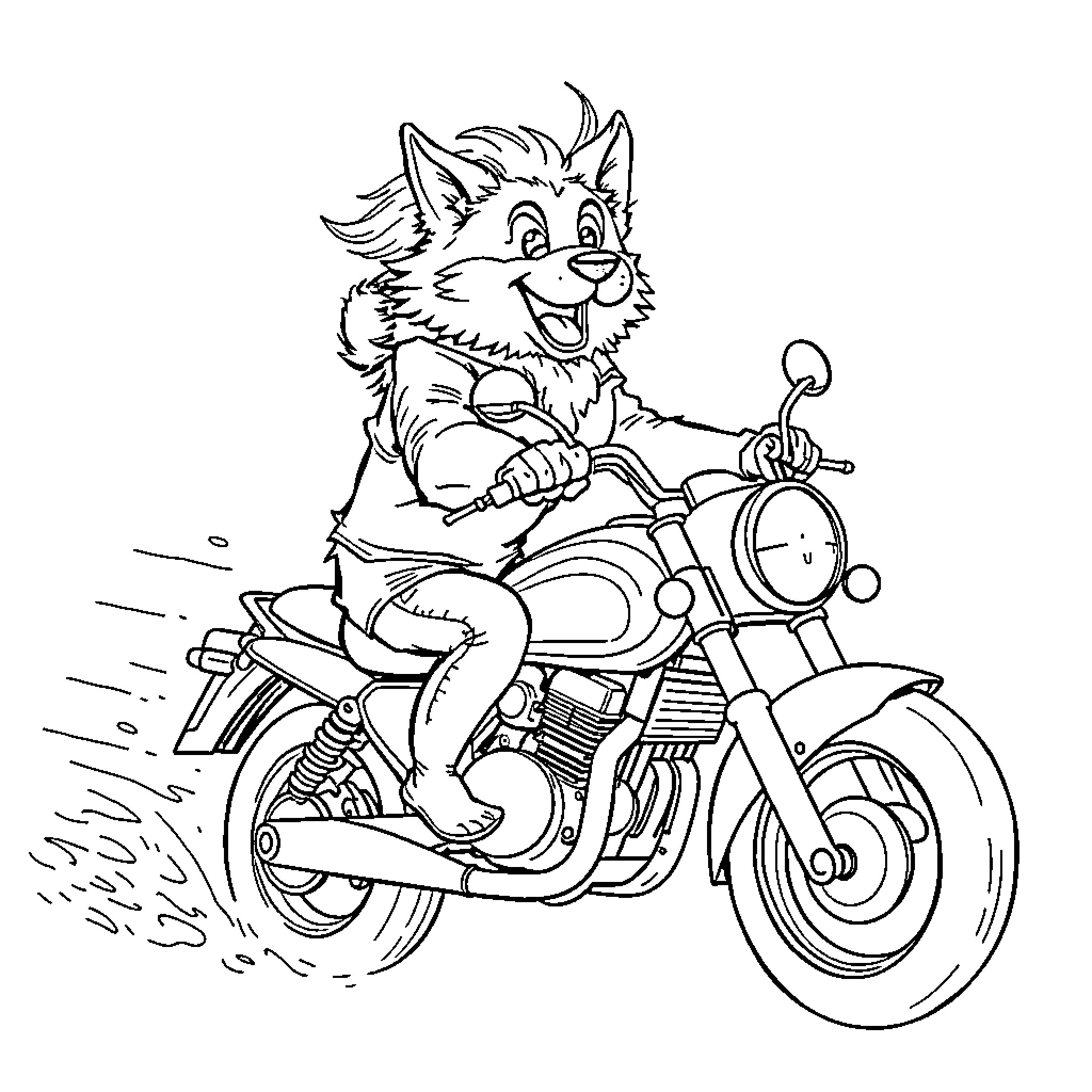 Dog riding a motorcycle with excitement Coloring Page (free black-and-white line drawing printable PDF for all, from beginners to advanced learners, including children, teens, adults, and seniors)