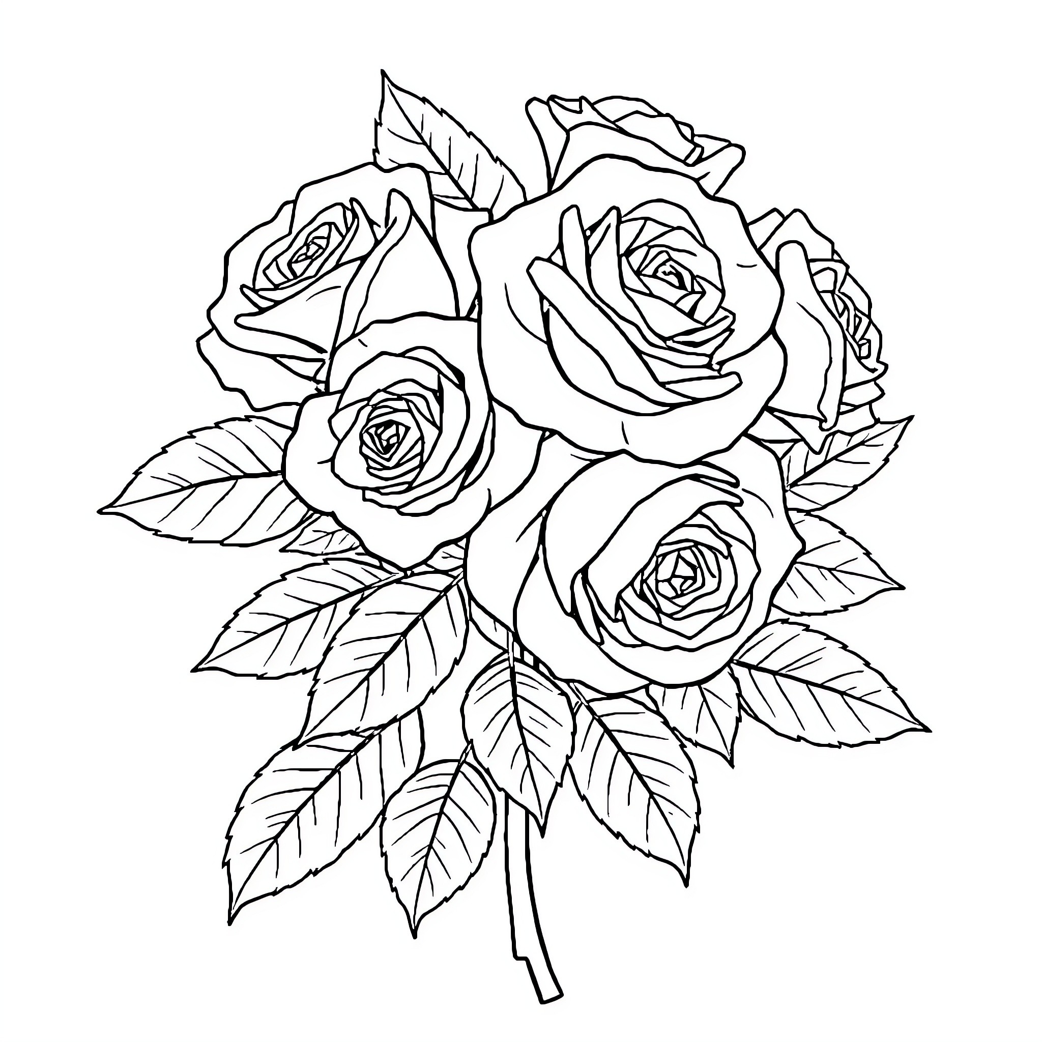 Rose Bouquet with Intricate Floral Details Coloring Page (free black-and-white line drawing printable PDF for all, from beginners to advanced learners, including children, teens, adults, and seniors)