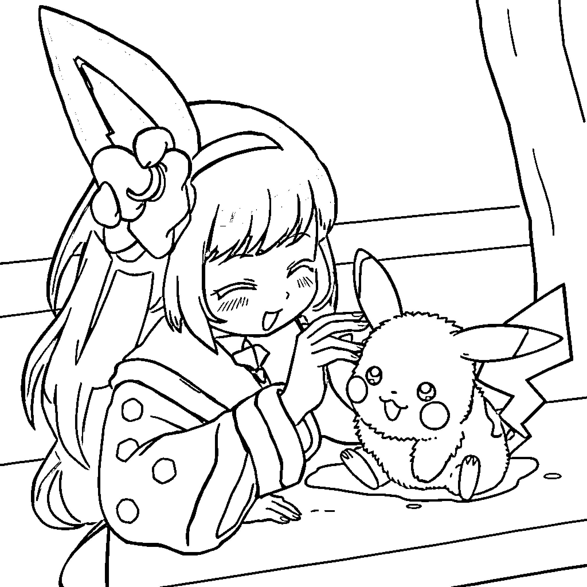 Nezuko cuddling with Pikachu in a cozy setting Coloring Page (free black-and-white line drawing printable PDF for all, from beginners to advanced learners, including children, teens, adults, and seniors)