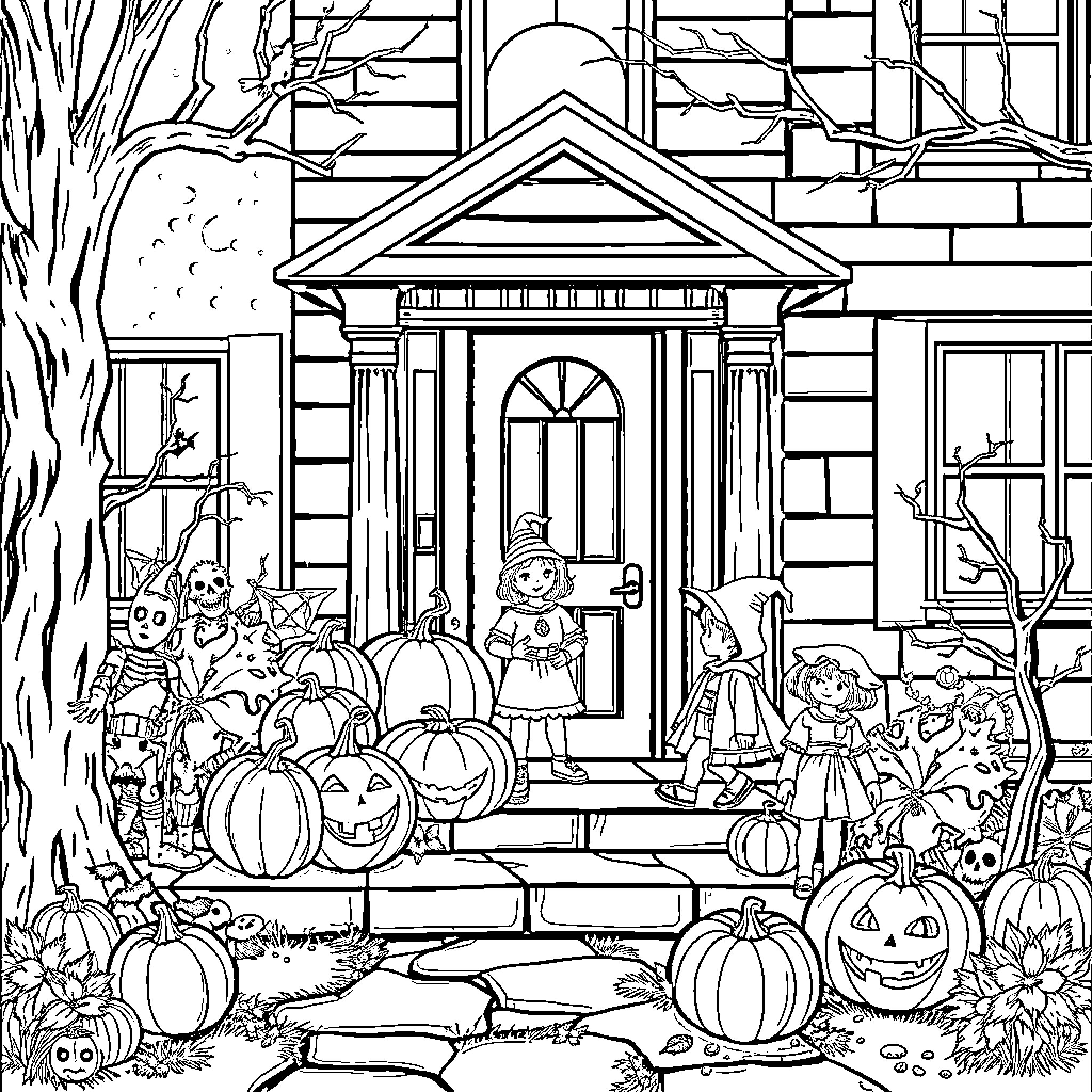 Halloween at the spooky haunted house Coloring Page (free black-and-white line drawing printable PDF for all, from beginners to advanced learners, including children, teens, adults, and seniors)