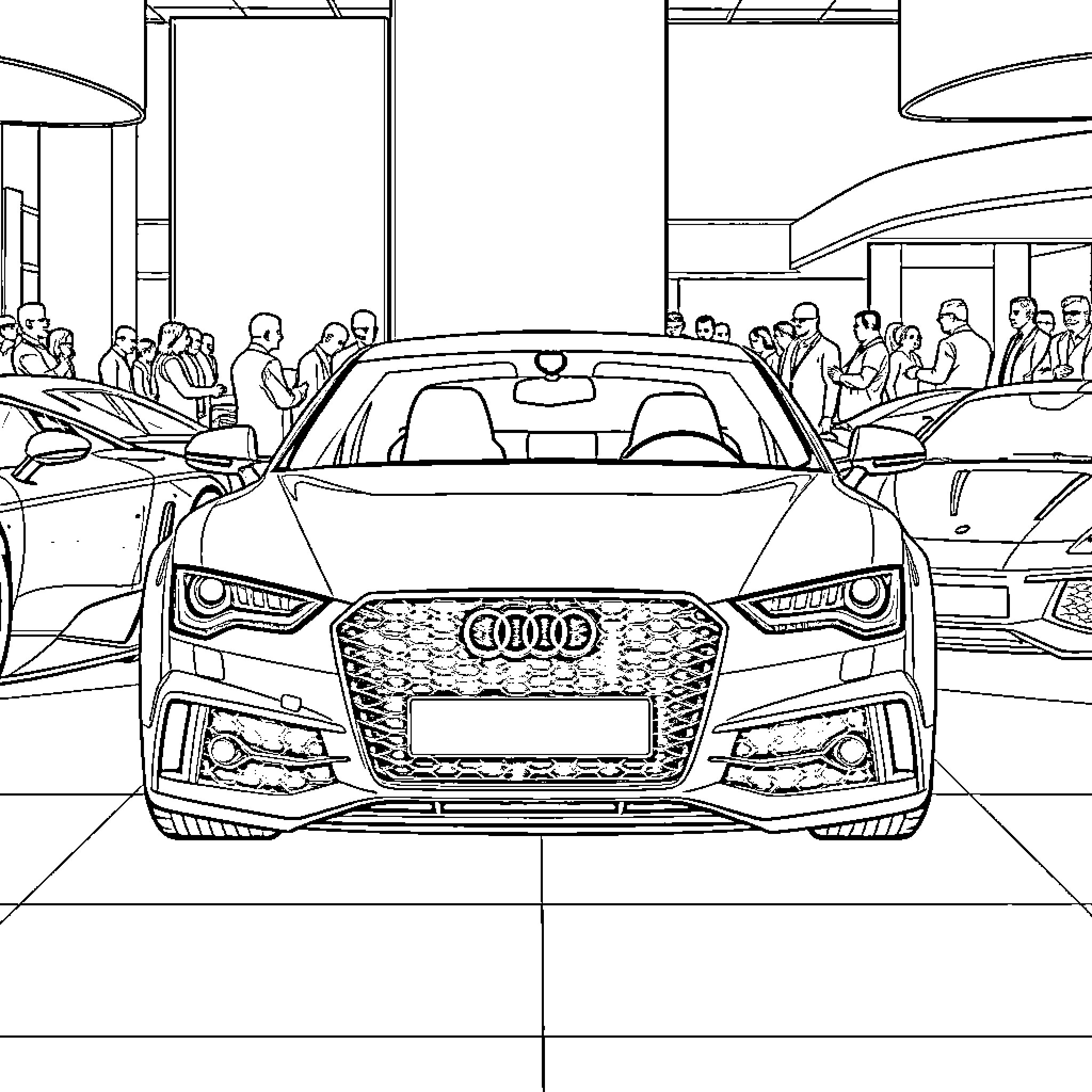 Audi luxury car displayed in showroom Coloring Page (free black-and-white line drawing printable PDF for all, from beginners to advanced learners, including children, teens, adults, and seniors)