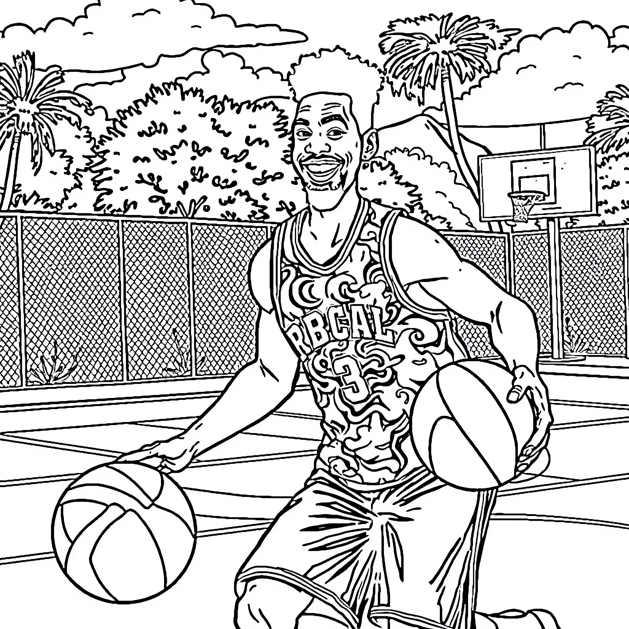 RuPaul playing basketball on the outdoor court Coloring Page (free black-and-white line drawing printable PDF for all, from beginners to advanced learners, including children, teens, adults, and seniors)