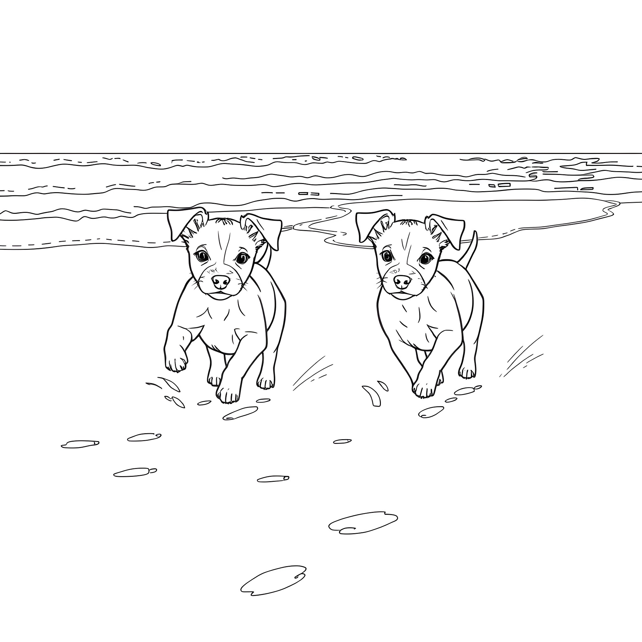 Dachshund puppies playing on the beach Coloring Page (free black-and-white line drawing printable PDF for all, from beginners to advanced learners, including children, teens, adults, and seniors)