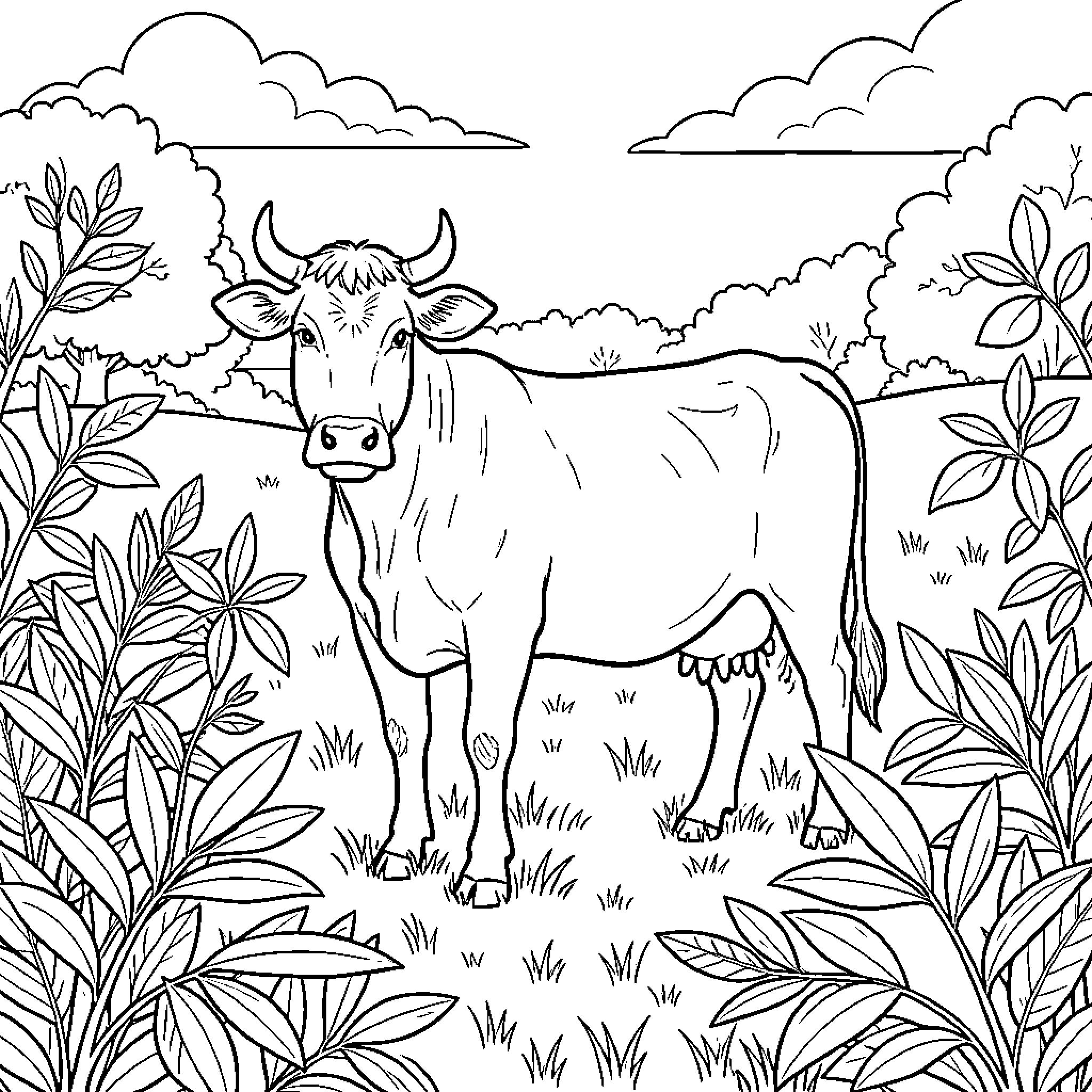 Cow standing in lush nature Coloring Page (free black-and-white line drawing printable PDF for all, from beginners to advanced learners, including children, teens, adults, and seniors)