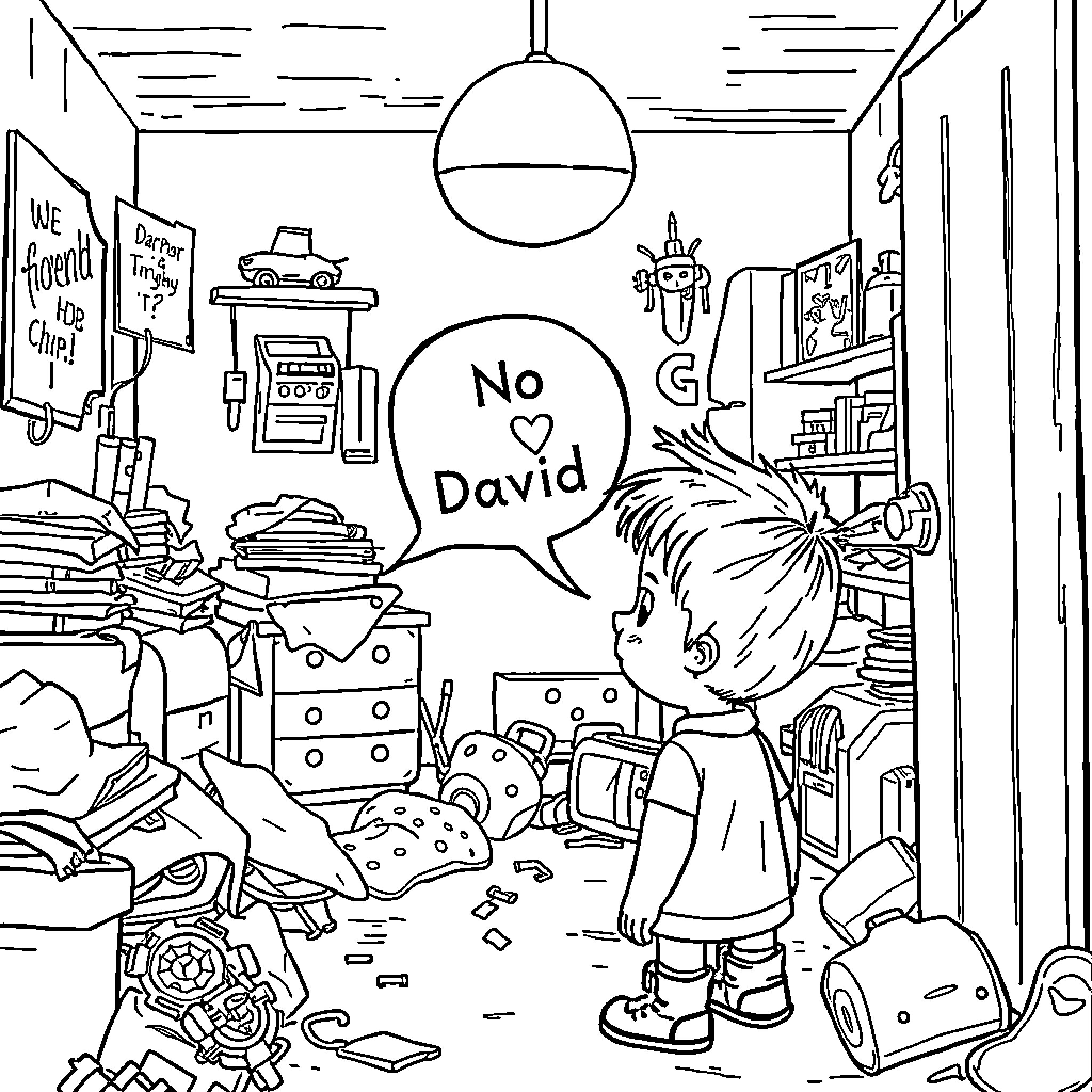 David's Messy Bedroom with Clutter and a Rejection Coloring Page (free black-and-white line drawing printable PDF for all, from beginners to advanced learners, including children, teens, adults, and seniors)