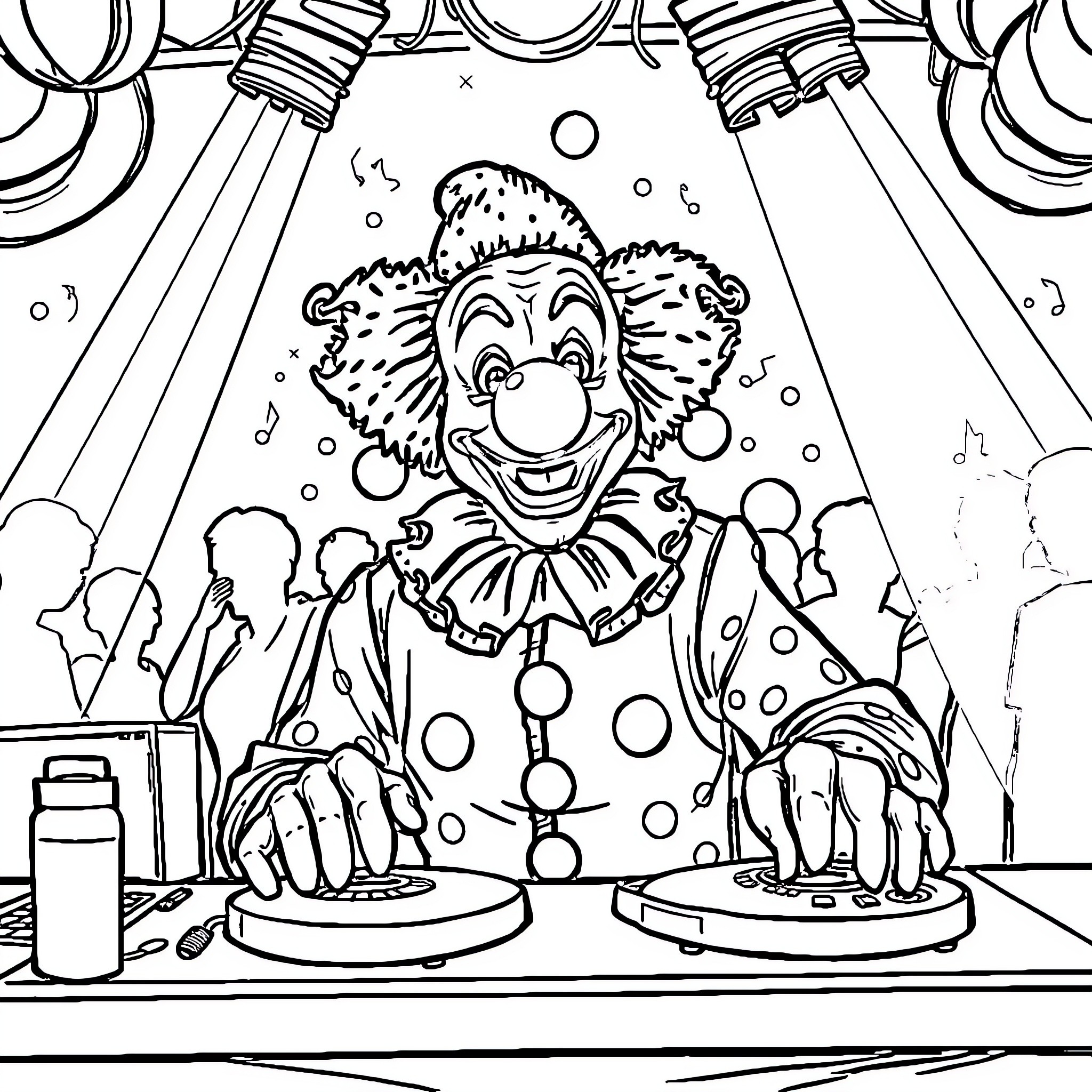 Clown performing tricks and entertaining the crowd Coloring Page (free black-and-white line drawing printable PDF for all, from beginners to advanced learners, including children, teens, adults, and seniors)