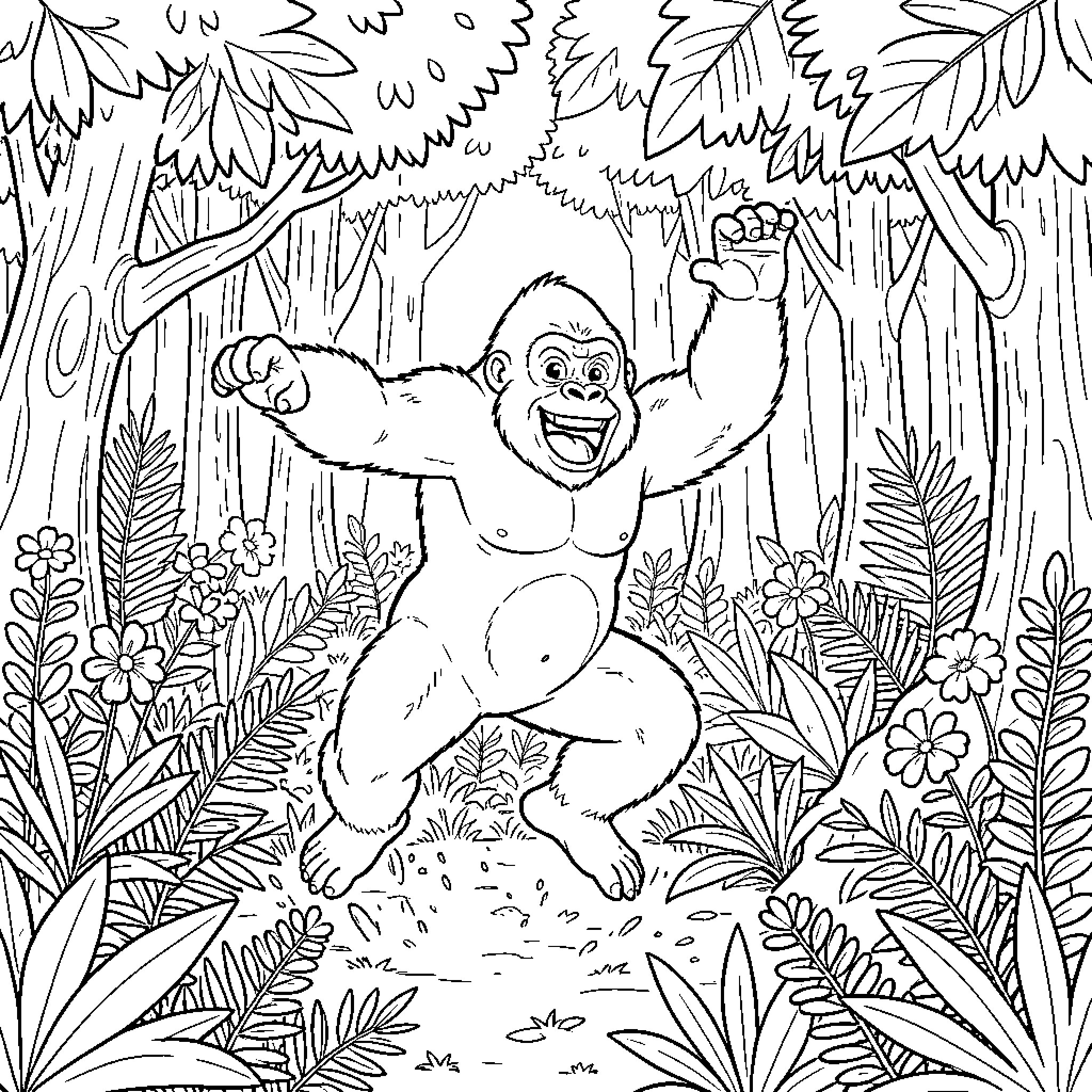 Gorilla enjoying the jungle with enthusiasm Coloring Page (free black-and-white line drawing printable PDF for all, from beginners to advanced learners, including children, teens, adults, and seniors)