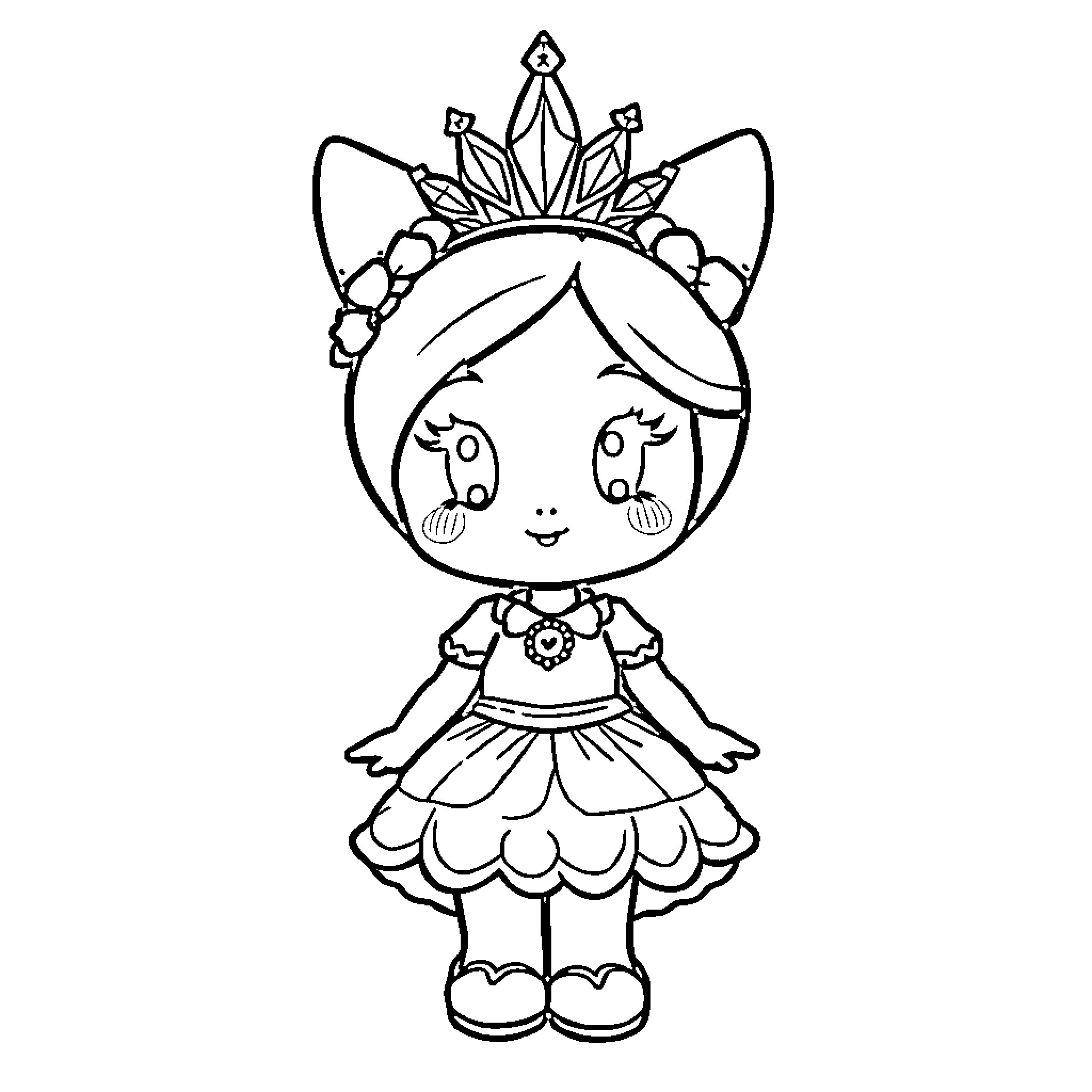 Princess Wearing Floral Crown and Ball Gown Coloring Page (free black-and-white line drawing printable PDF for all, from beginners to advanced learners, including children, teens, adults, and seniors)