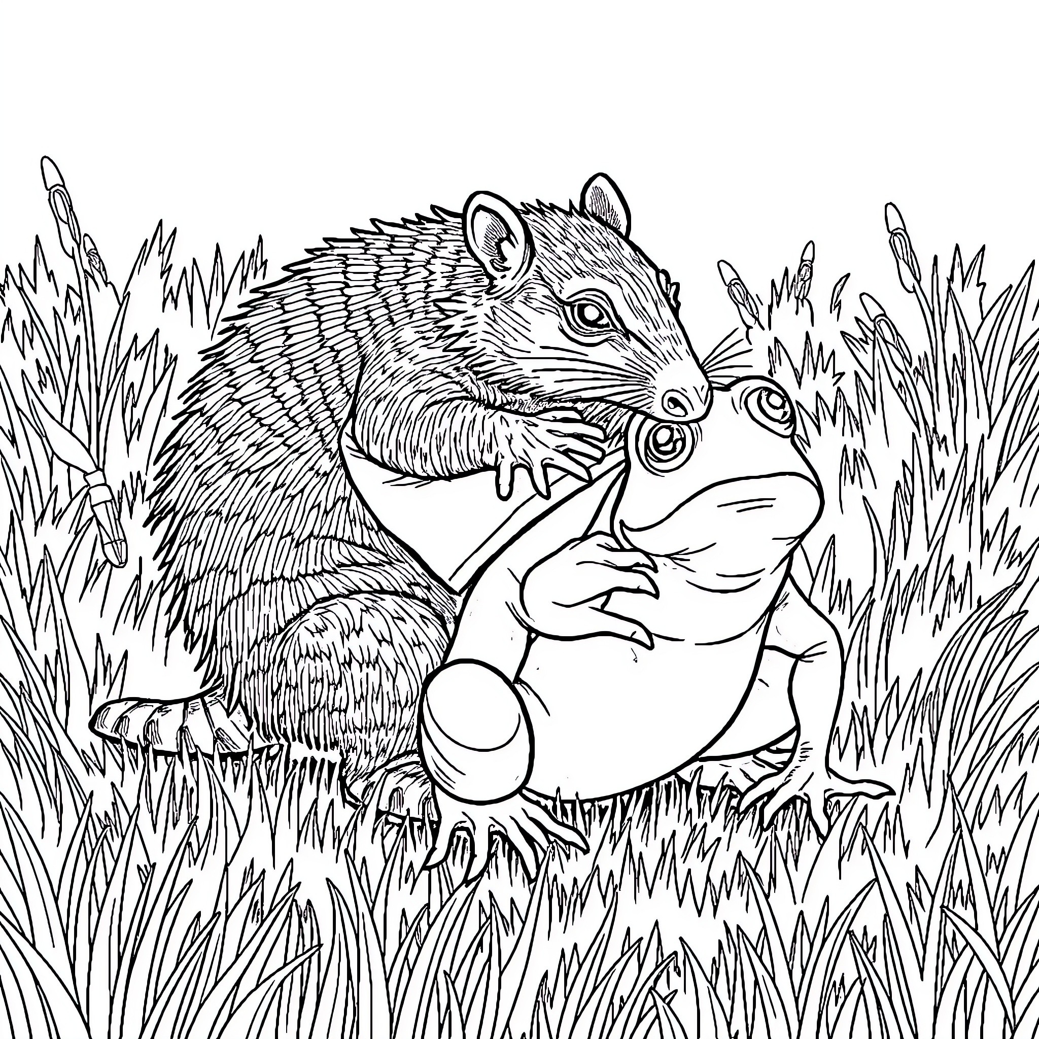 Armadillo interacting with a frog in the grass Coloring Page (free black-and-white line drawing printable PDF for all, from beginners to advanced learners, including children, teens, adults, and seniors)