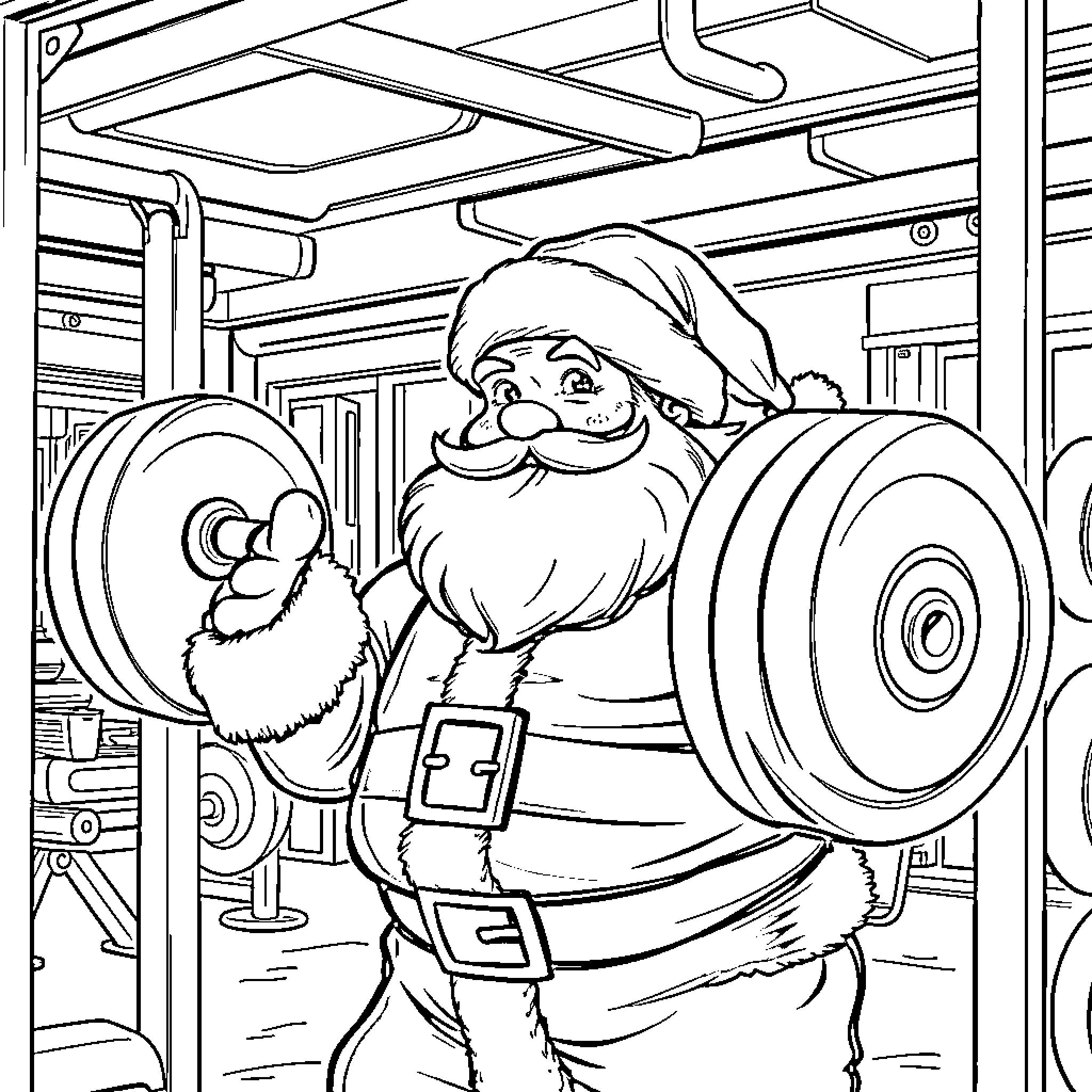 Santa working out in the gym Coloring Page (free black-and-white line drawing printable PDF for all, from beginners to advanced learners, including children, teens, adults, and seniors)