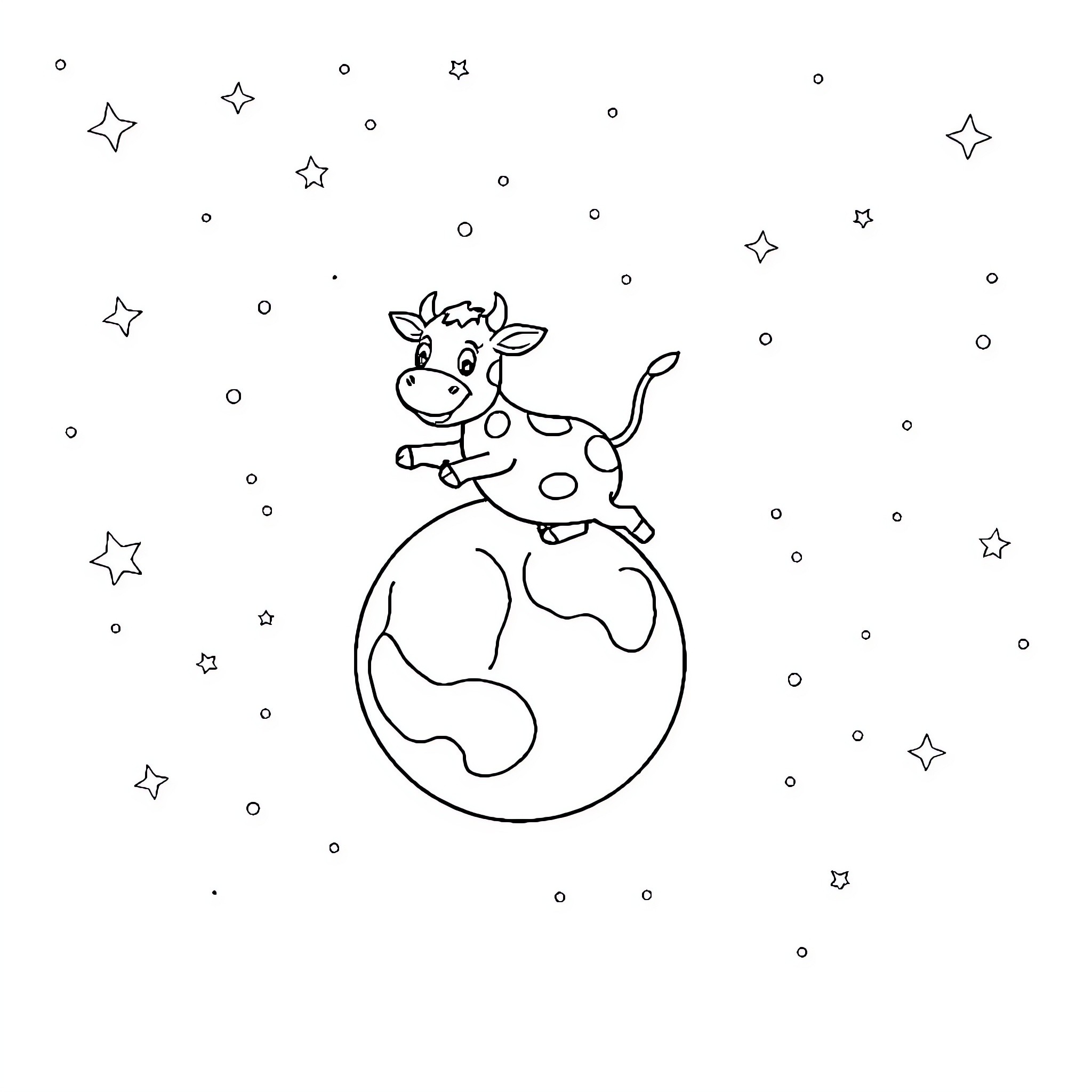 Cow exploring the starry universe Coloring Page (free black-and-white line drawing printable PDF for all, from beginners to advanced learners, including children, teens, adults, and seniors)