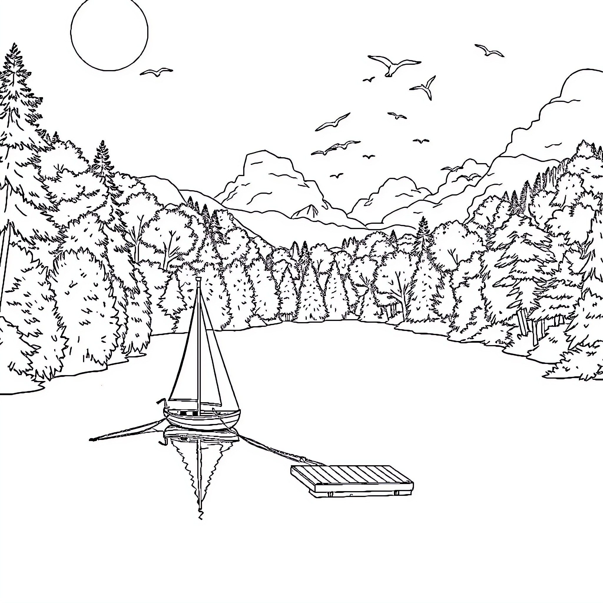 Lake view with sailboat and mountainous landscape Coloring Page (free black-and-white line drawing printable PDF for all, from beginners to advanced learners, including children, teens, adults, and seniors)