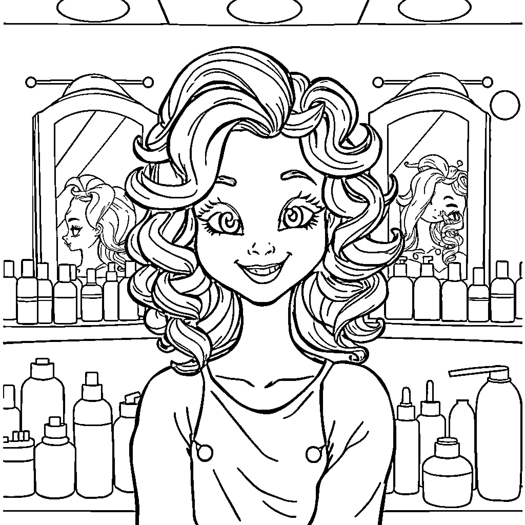 Hairdresser Smiling Amid Salon Supplies Coloring Page (free black-and-white line drawing printable PDF for all, from beginners to advanced learners, including children, teens, adults, and seniors)