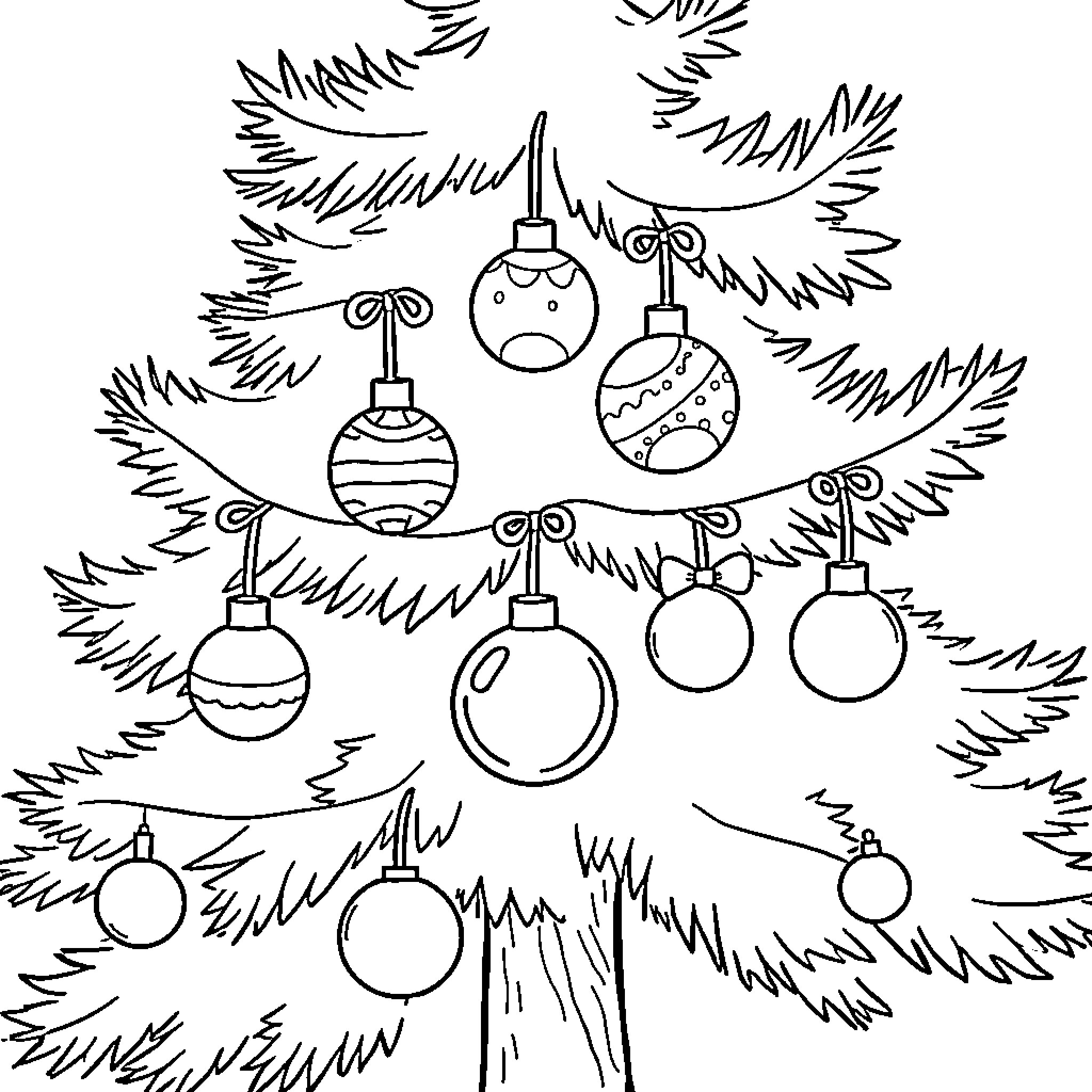 Christmas Tree with Variety of Ornaments Coloring Page (free black-and-white line drawing printable PDF for all, from beginners to advanced learners, including children, teens, adults, and seniors)