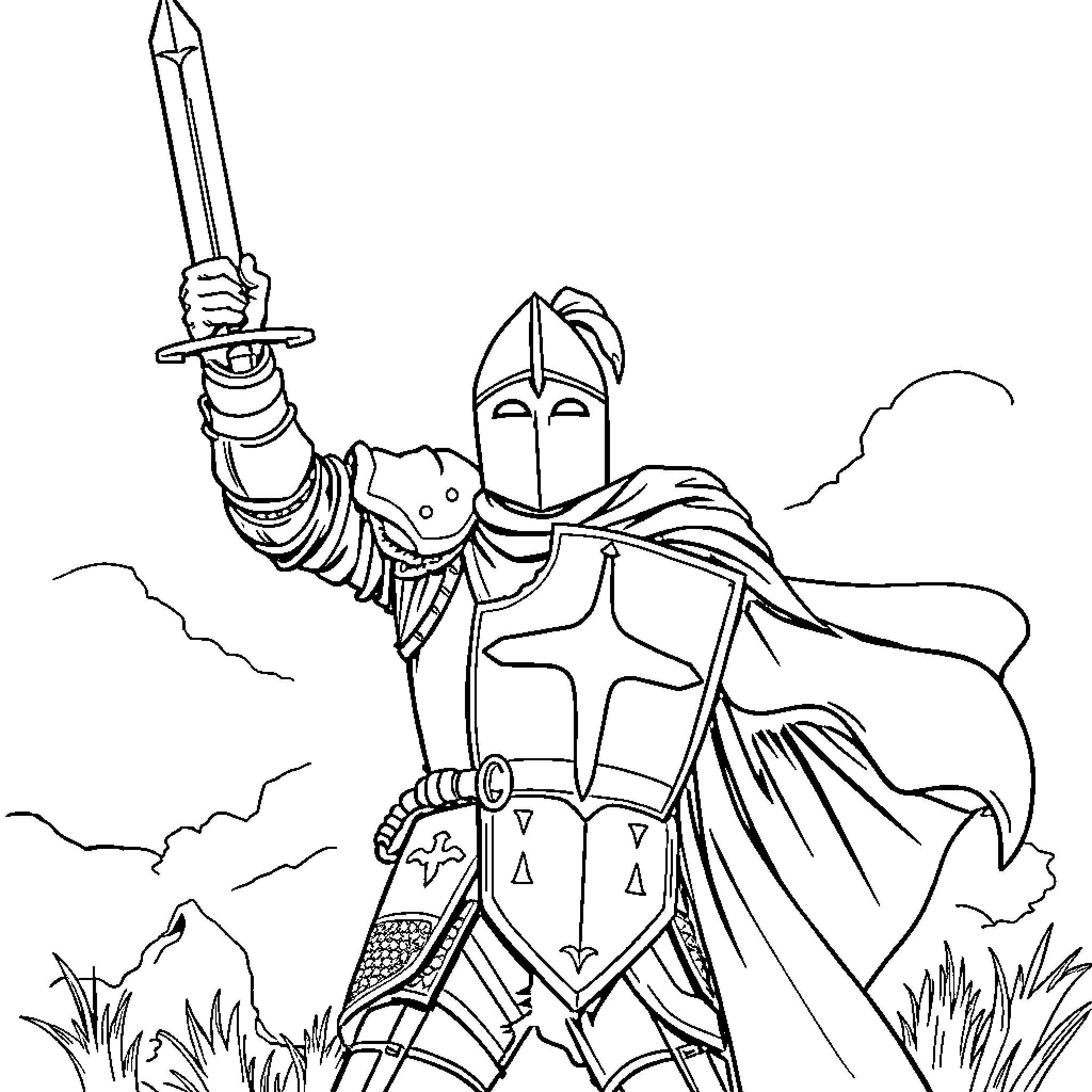 Knight Wielding Sword in Armored Attire Coloring Page (free black-and-white line drawing printable PDF for all, from beginners to advanced learners, including children, teens, adults, and seniors)