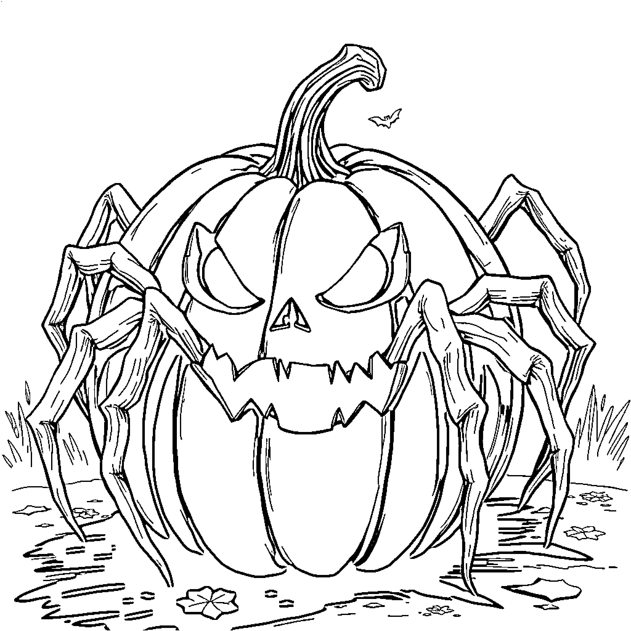 Pumpkin with Eerie Expression in Spooky Scene Coloring Page (free black-and-white line drawing printable PDF for all, from beginners to advanced learners, including children, teens, adults, and seniors)