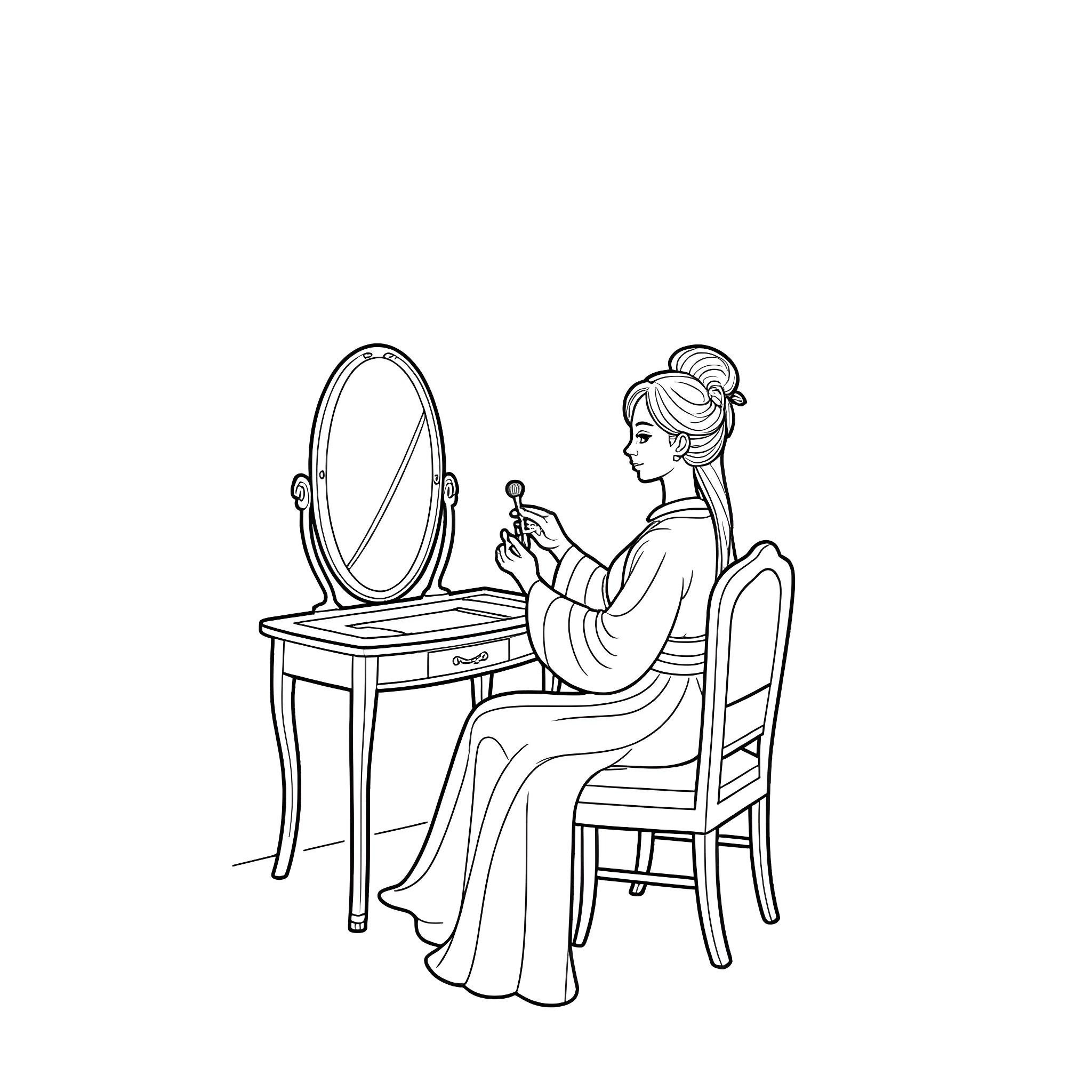 Yang Guifei admiring herself in the mirror Coloring Page (free black-and-white line drawing printable PDF for all, from beginners to advanced learners, including children, teens, adults, and seniors)