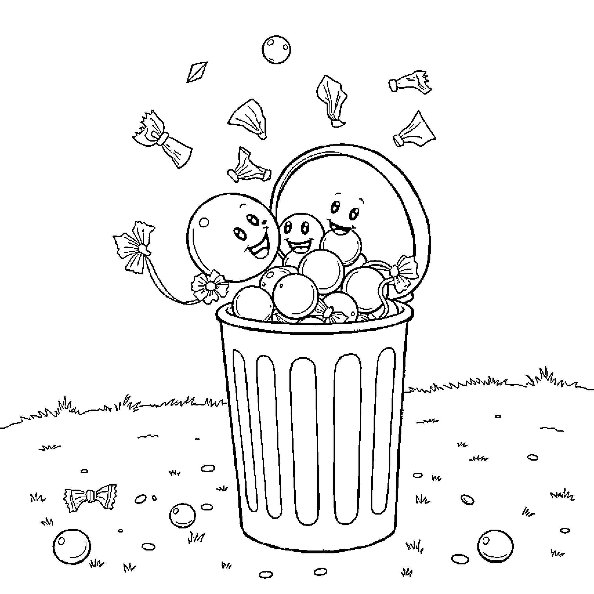 Gumball characters playing and exploring in the trash can Coloring Page (free black-and-white line drawing printable PDF for all, from beginners to advanced learners, including children, teens, adults, and seniors)