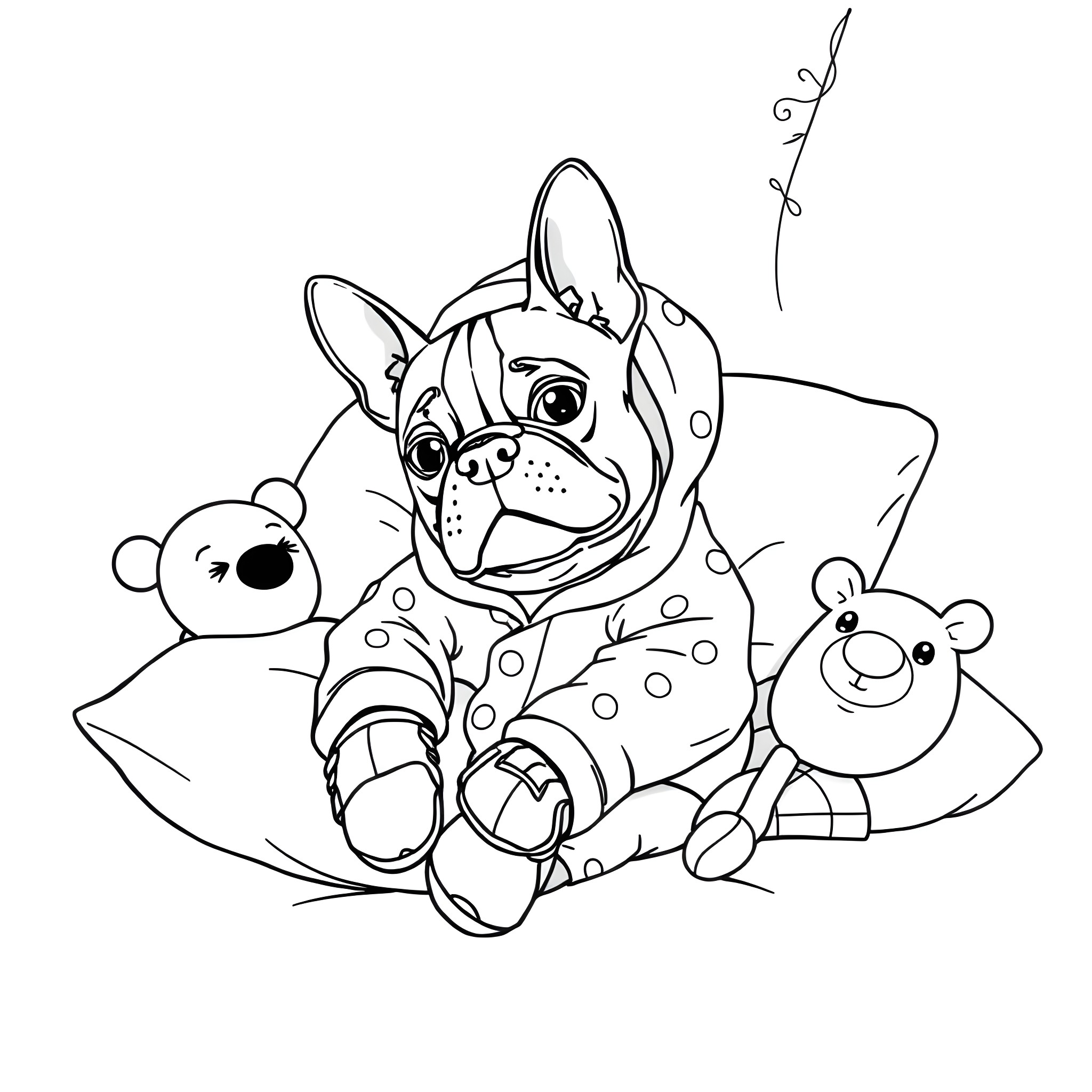 Boston Terrier playing with stuffed animals Coloring Page (free black-and-white line drawing printable PDF for all, from beginners to advanced learners, including children, teens, adults, and seniors)