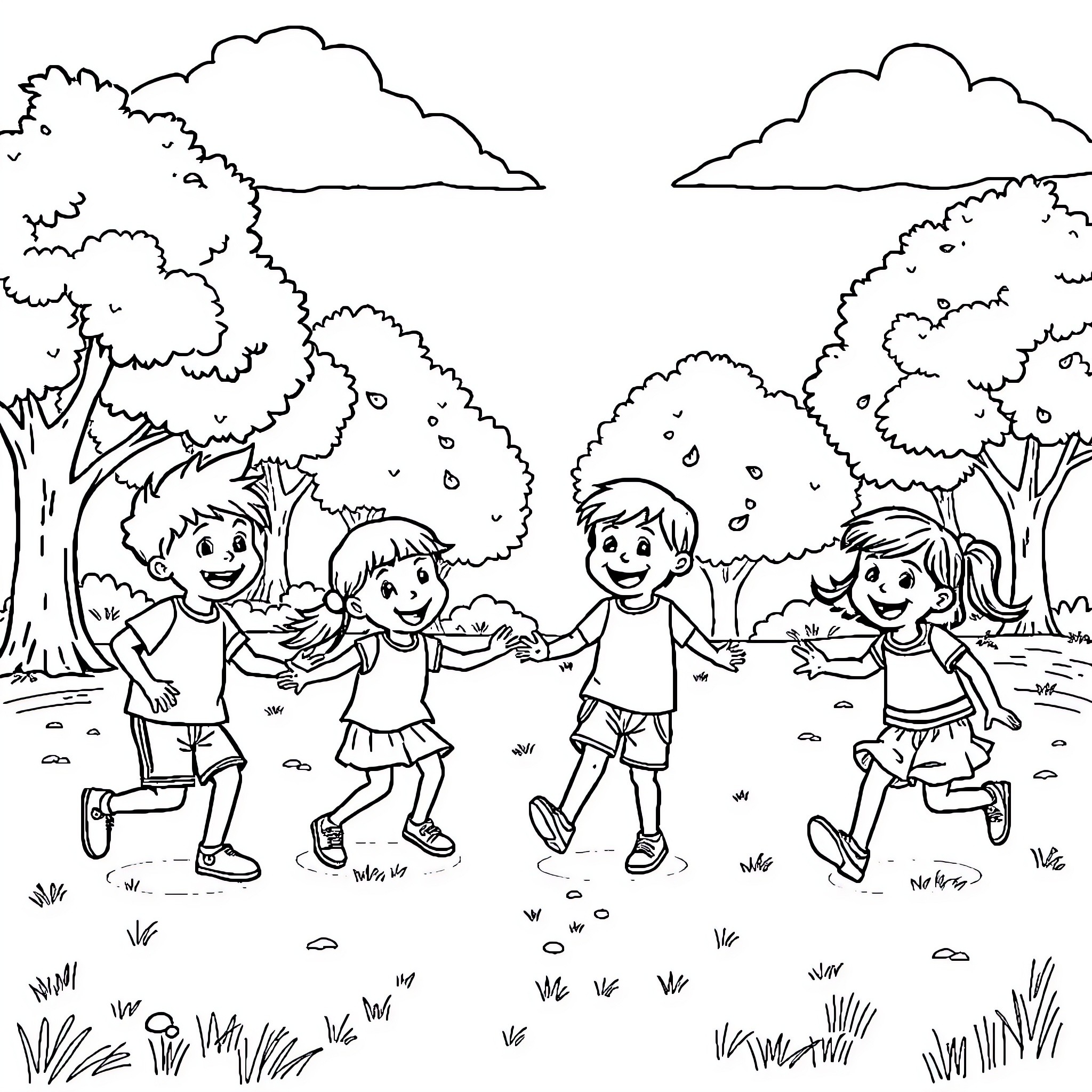 Kid friends playing together in nature Coloring Page (free black-and-white line drawing printable PDF for all, from beginners to advanced learners, including children, teens, adults, and seniors)