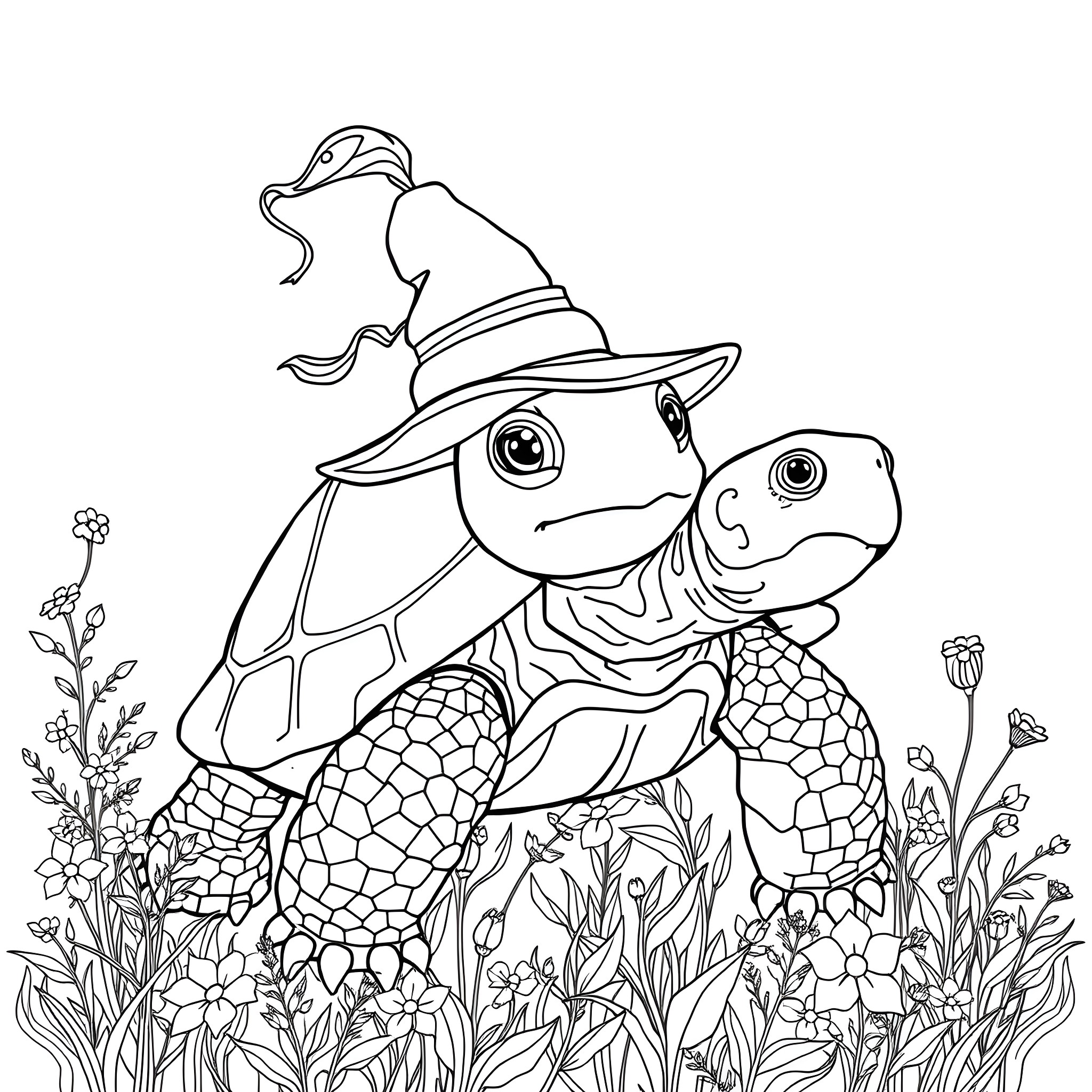 Tortoise exploring whimsical garden landscape Coloring Page (free black-and-white line drawing printable PDF for all, from beginners to advanced learners, including children, teens, adults, and seniors)