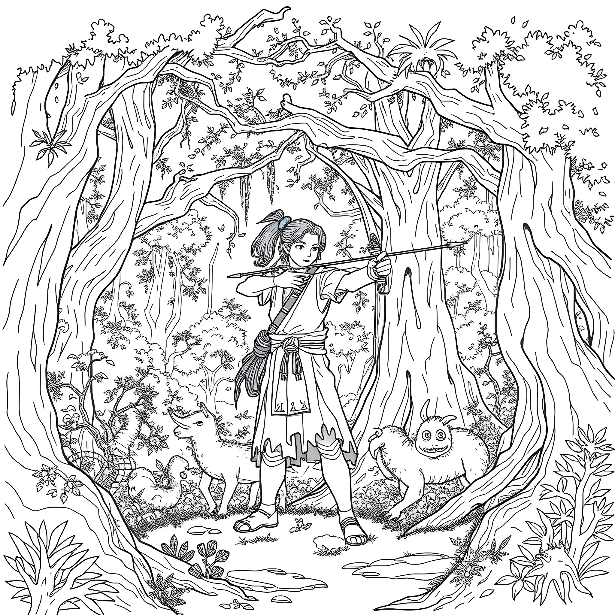 Ashitaka exploring the enchanted forest Coloring Page (free black-and-white line drawing printable PDF for all, from beginners to advanced learners, including children, teens, adults, and seniors)