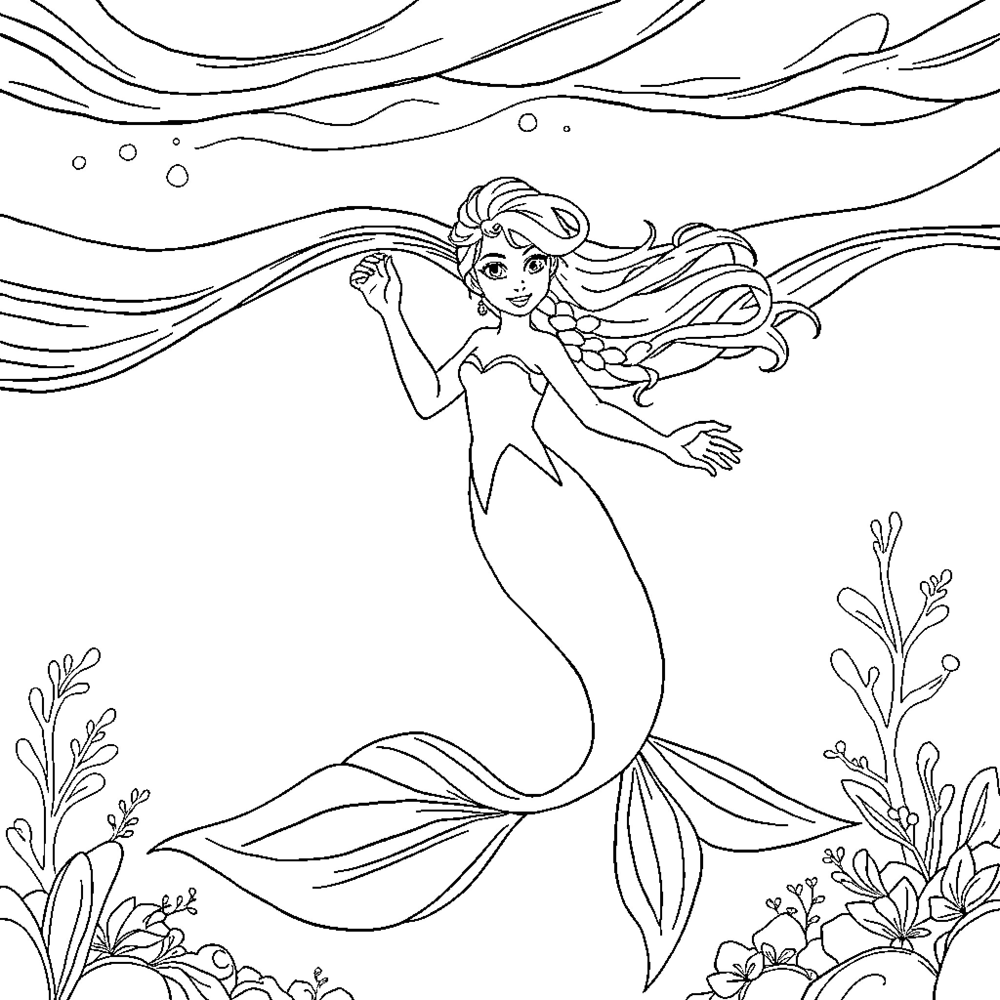 Elsa the Mermaid Exploring the Underwater World Coloring Page (free black-and-white line drawing printable PDF for all, from beginners to advanced learners, including children, teens, adults, and seniors)