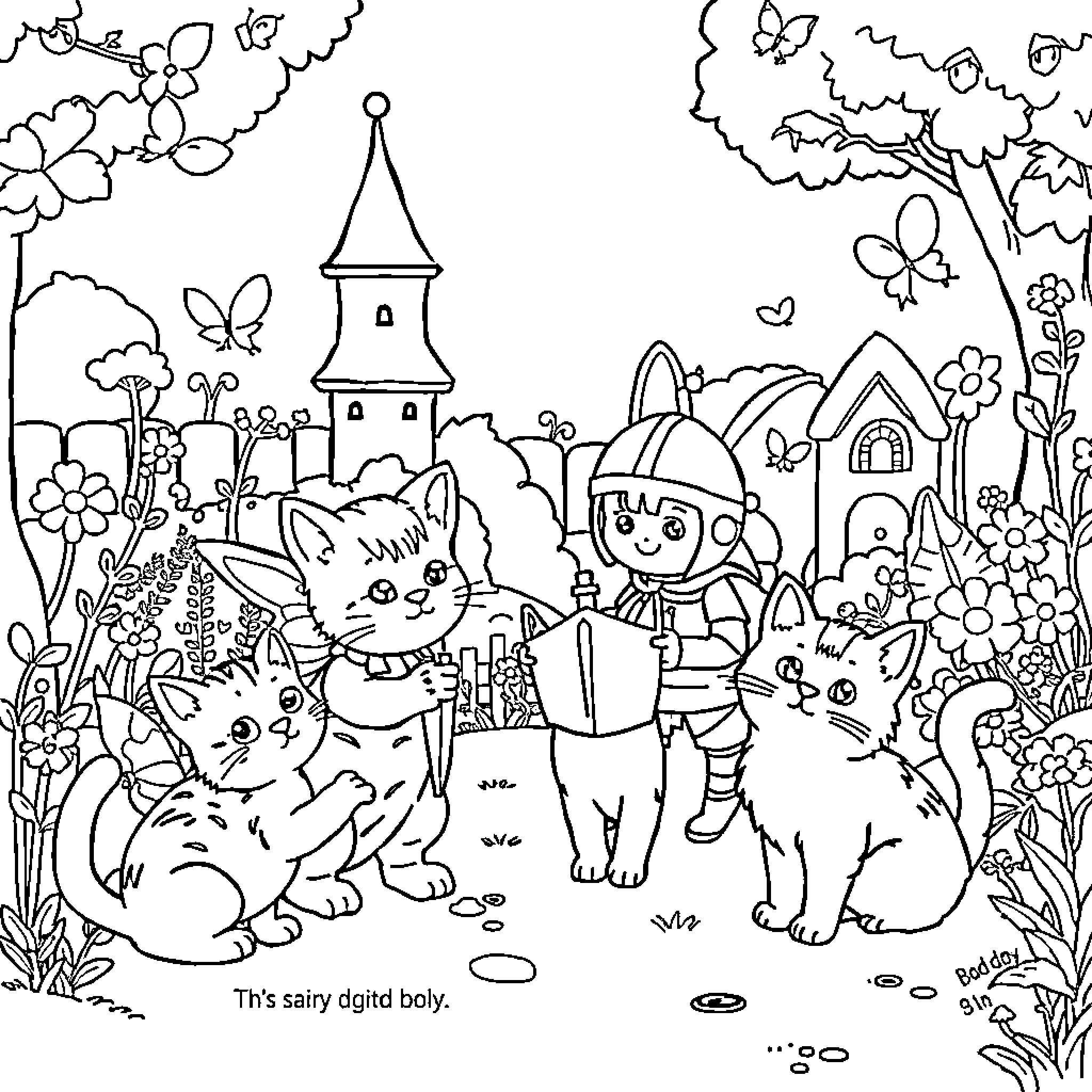 Cats and fairy in a whimsical garden Coloring Page (free black-and-white line drawing printable PDF for all, from beginners to advanced learners, including children, teens, adults, and seniors)