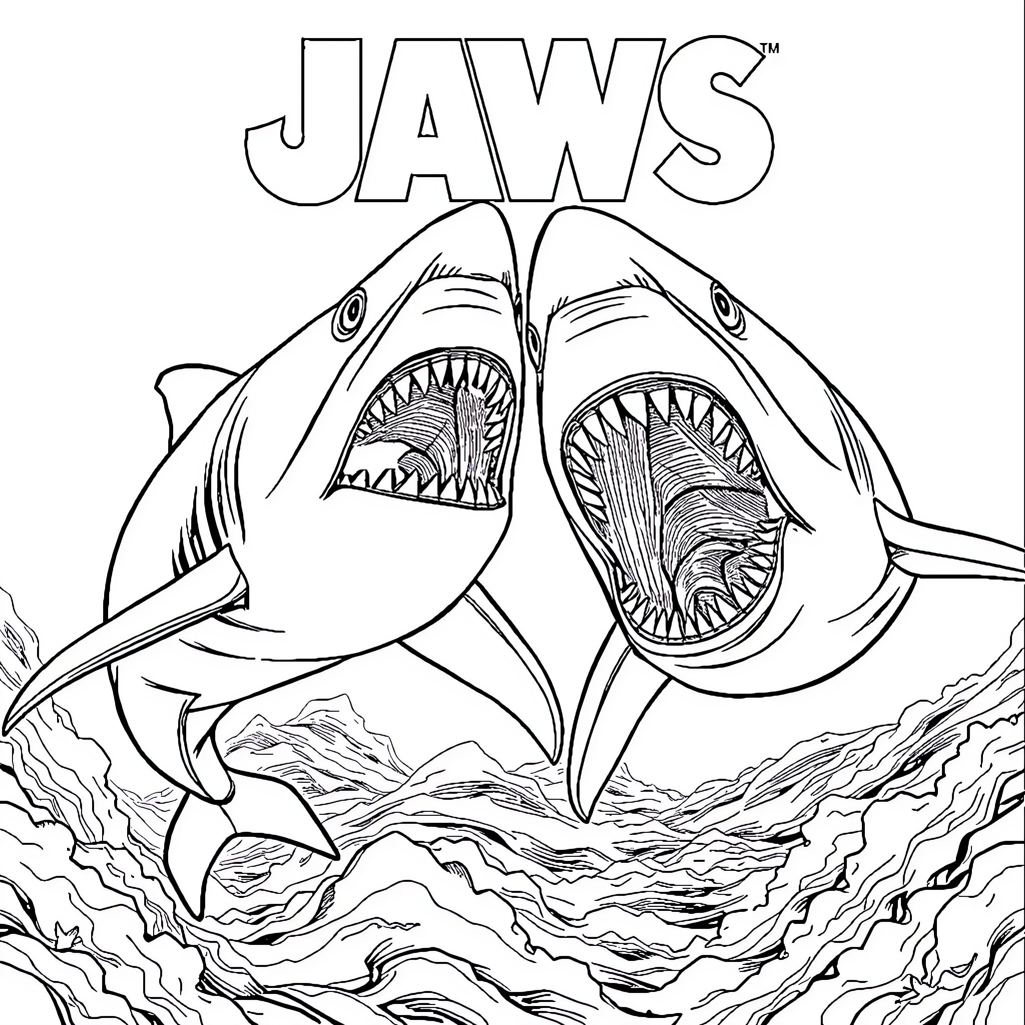 Shark jaws attacking ferociously Coloring Page (free black-and-white line drawing printable PDF for all, from beginners to advanced learners, including children, teens, adults, and seniors)