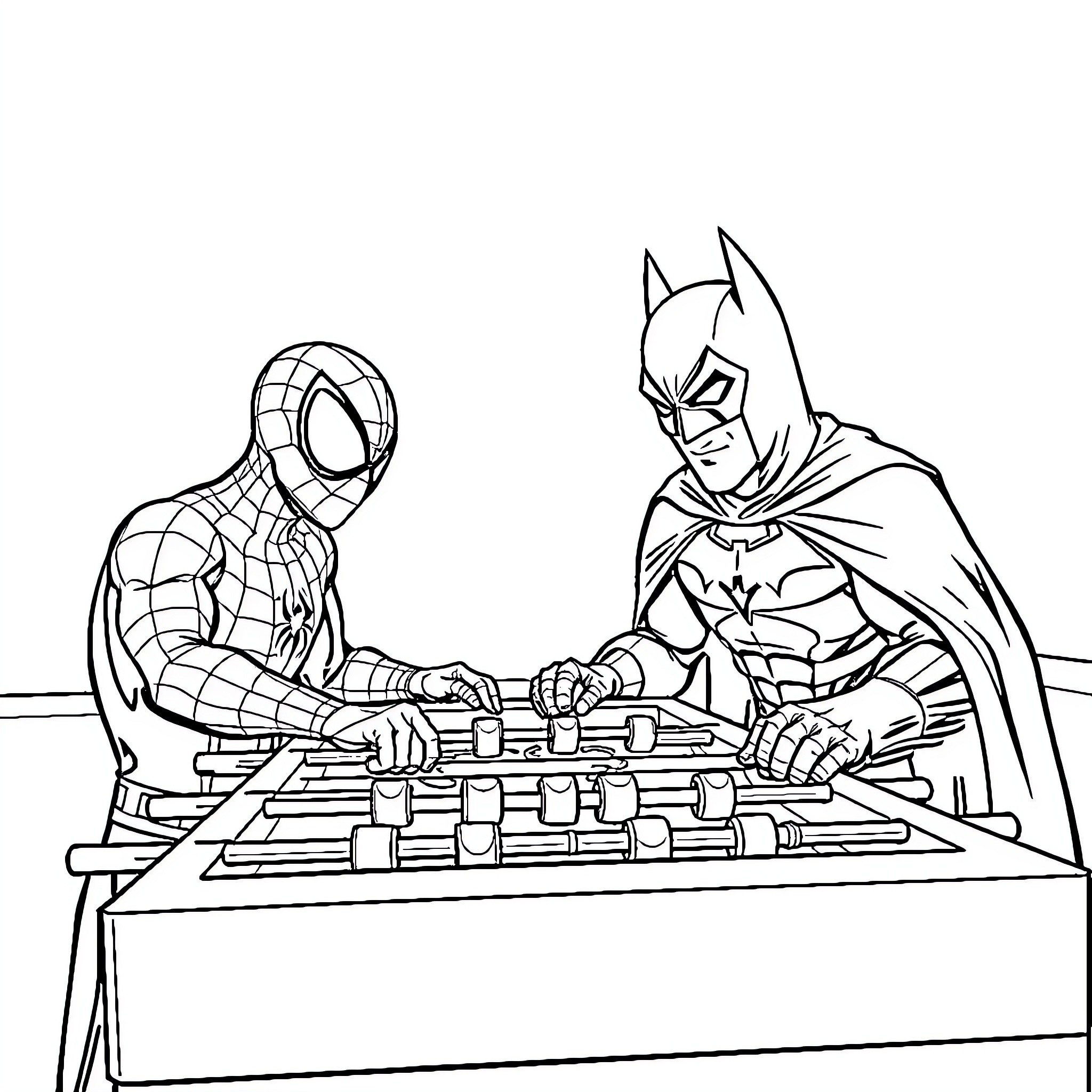 Spiderman and Batman playing video games together Coloring Page (free black-and-white line drawing printable PDF for all, from beginners to advanced learners, including children, teens, adults, and seniors)