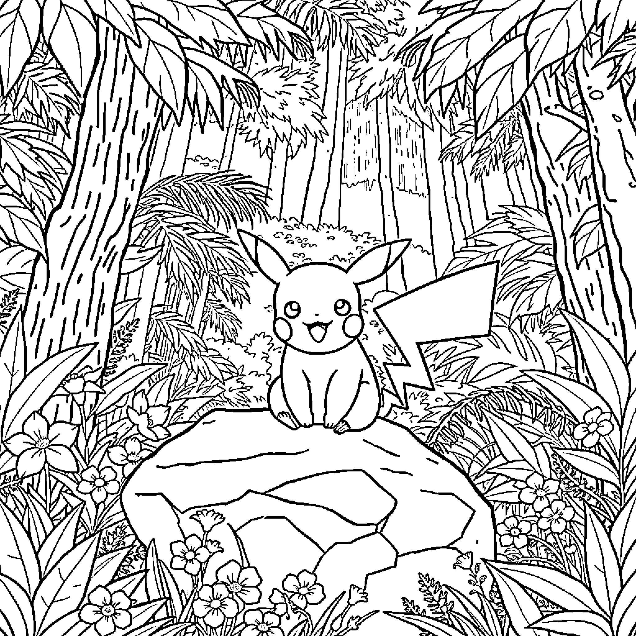 Pikachu enjoying nature in a lush forest Coloring Page (free black-and-white line drawing printable PDF for all, from beginners to advanced learners, including children, teens, adults, and seniors)
