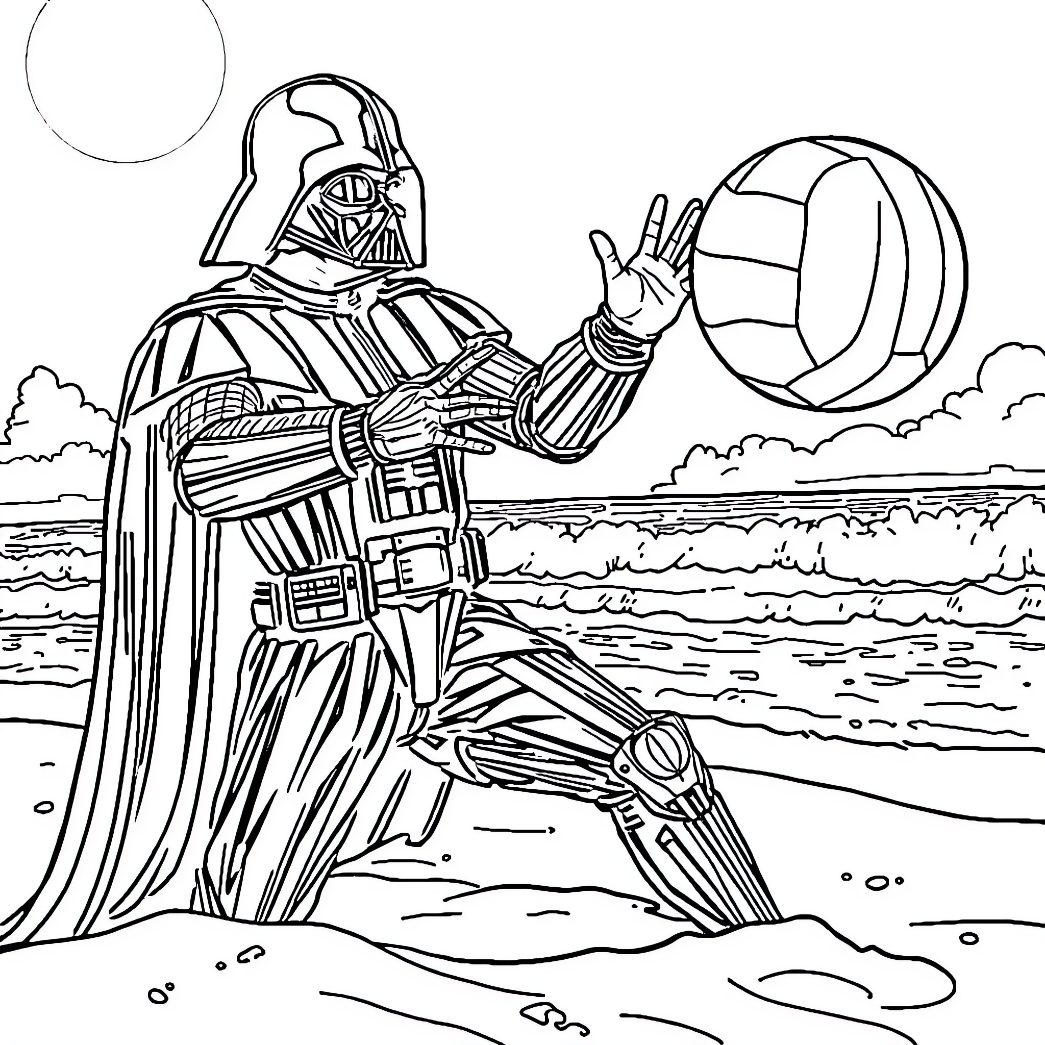 Darth Vader's Dramatic Pose in the Galactic Landscape Coloring Page (free black-and-white line drawing printable PDF for all, from beginners to advanced learners, including children, teens, adults, and seniors)