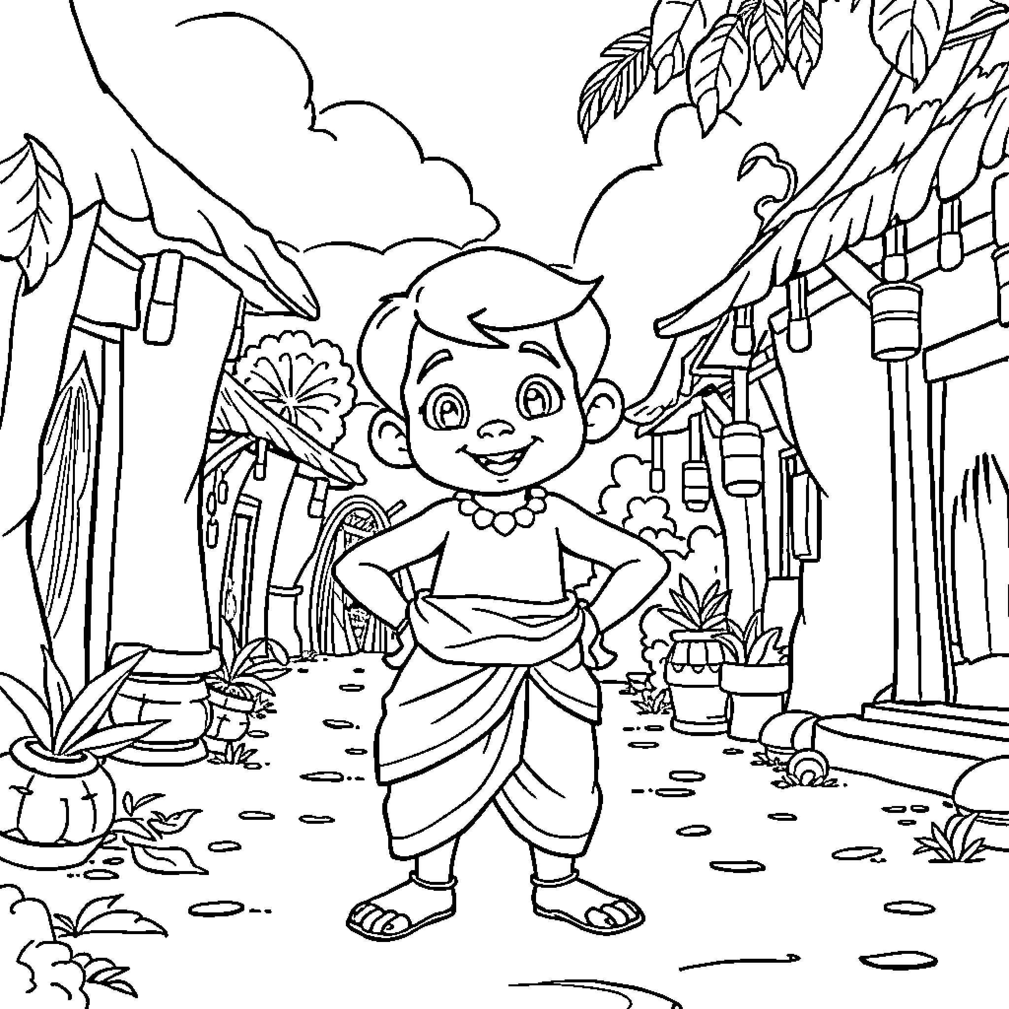 Chotta Bheem enjoying in the village landscape Coloring Page (free black-and-white line drawing printable PDF for all, from beginners to advanced learners, including children, teens, adults, and seniors)