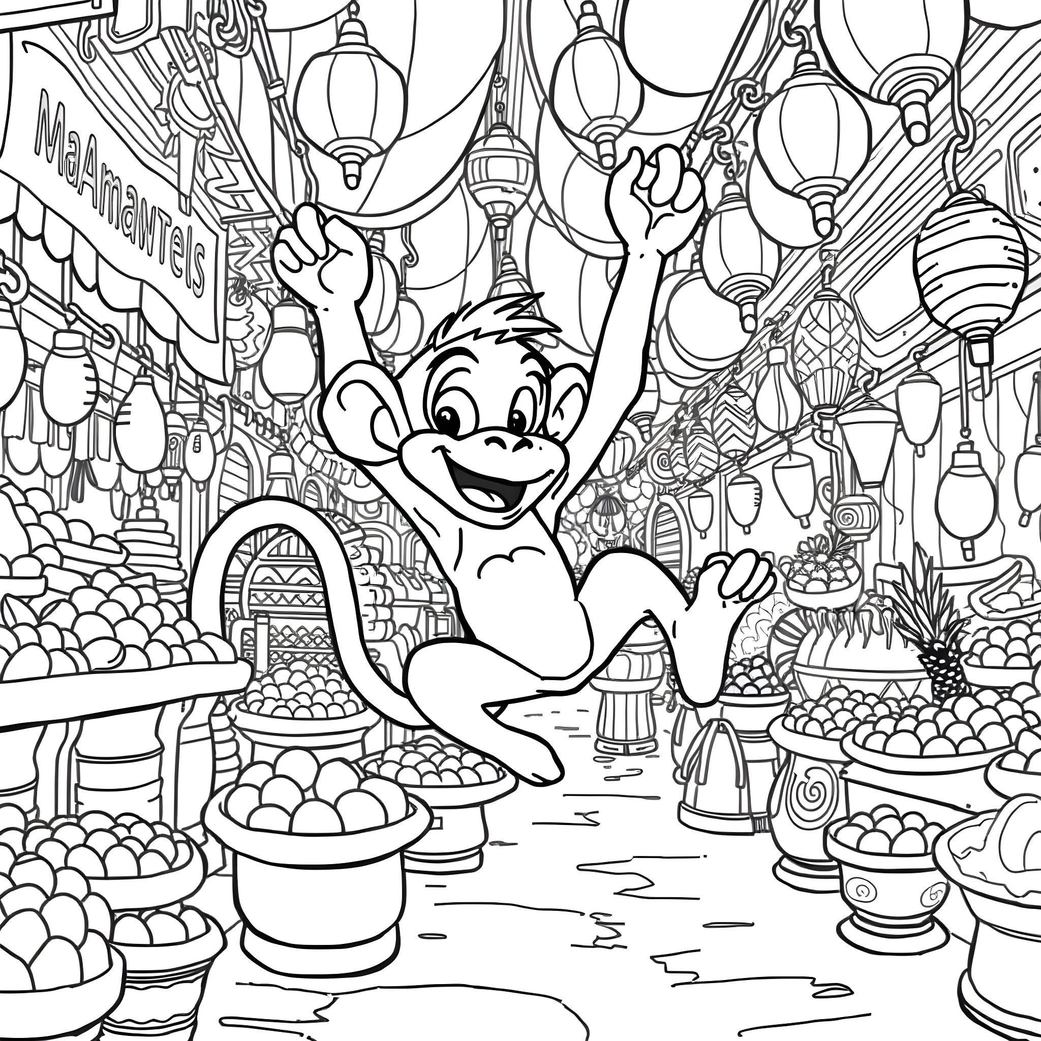 Abu the Joyful Monkey Exploring a Bustling Marketplace Coloring Page (free black-and-white line drawing printable PDF for all, from beginners to advanced learners, including children, teens, adults, and seniors)